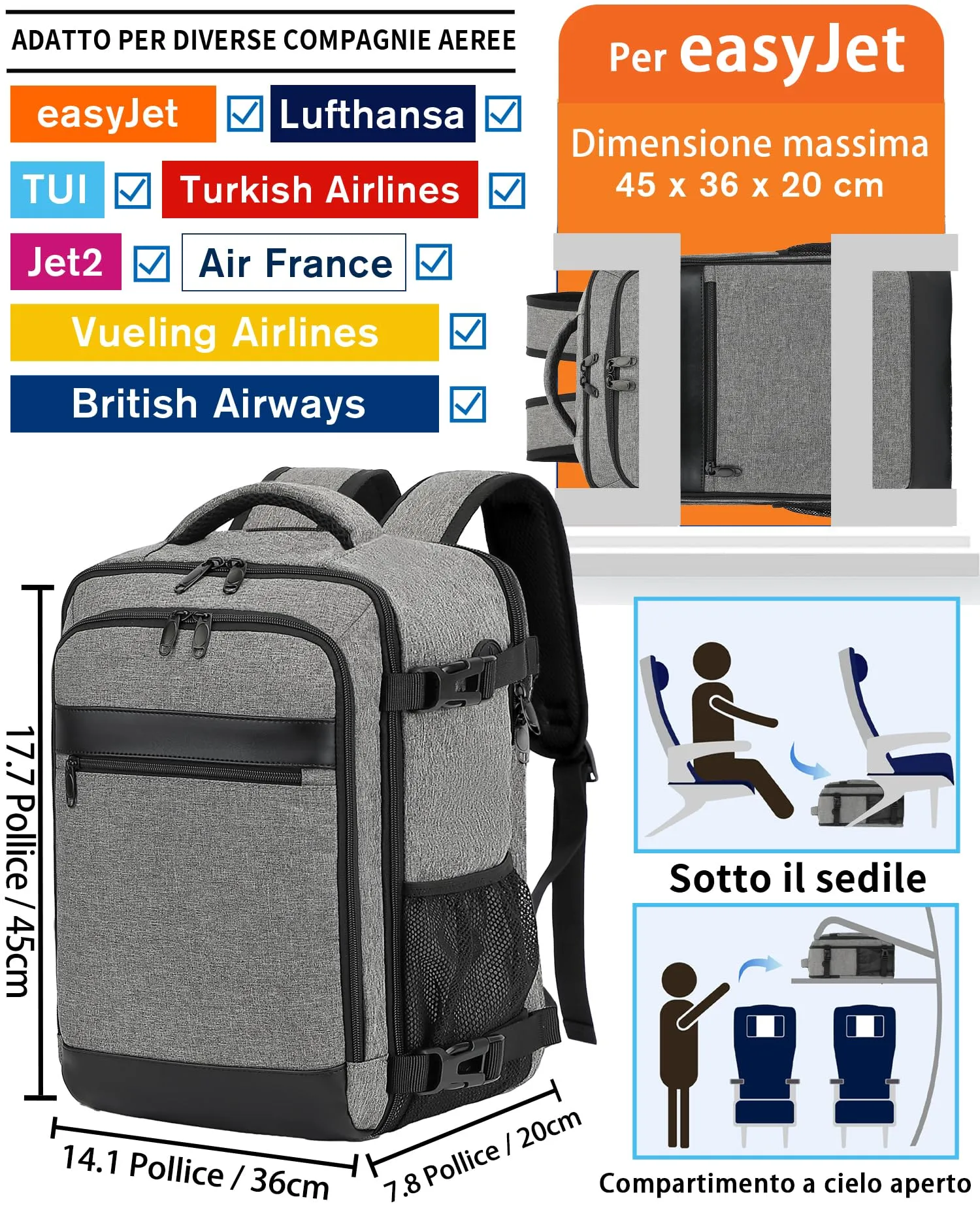 KLOSTAIN Zaino da Viaggio Bagaglio a Mano 45x36x20 cm 30L con Porta PC 15.6 Pollici, Grigio - immagine 2