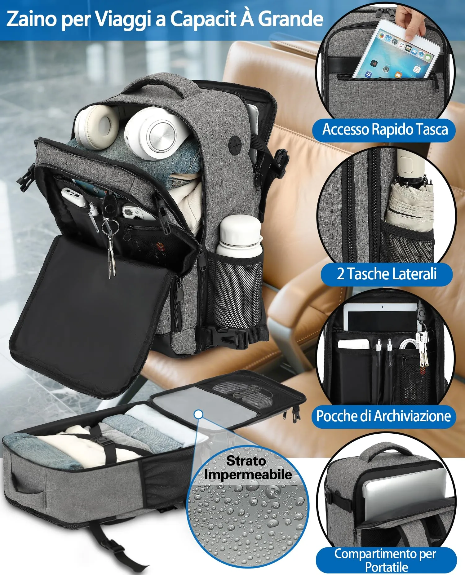 KLOSTAIN Zaino da Viaggio Bagaglio a Mano 45x36x20 cm 30L con Porta PC 15.6 Pollici, Grigio - immagine 4