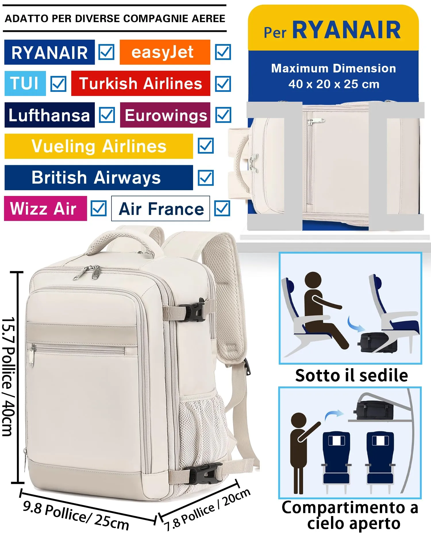 KLOSTAIN Zaino Ryanair 40x20x25 Bagaglio a Mano 20L con Porta PC 14 Pollici, Beige - immagine 2