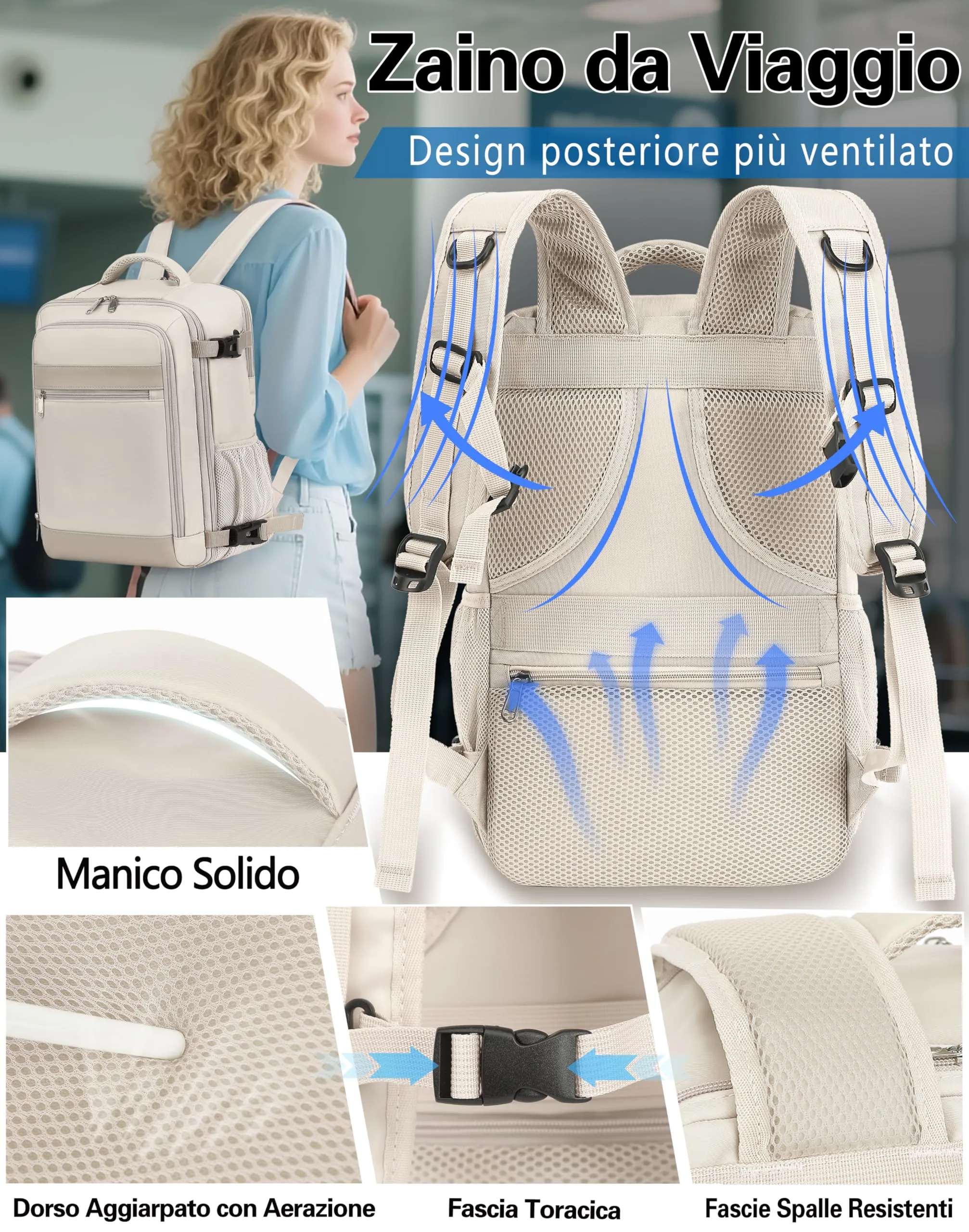 KLOSTAIN Zaino Ryanair 40x20x25 Bagaglio a Mano 20L con Porta PC 14 Pollici, Beige - immagine 5