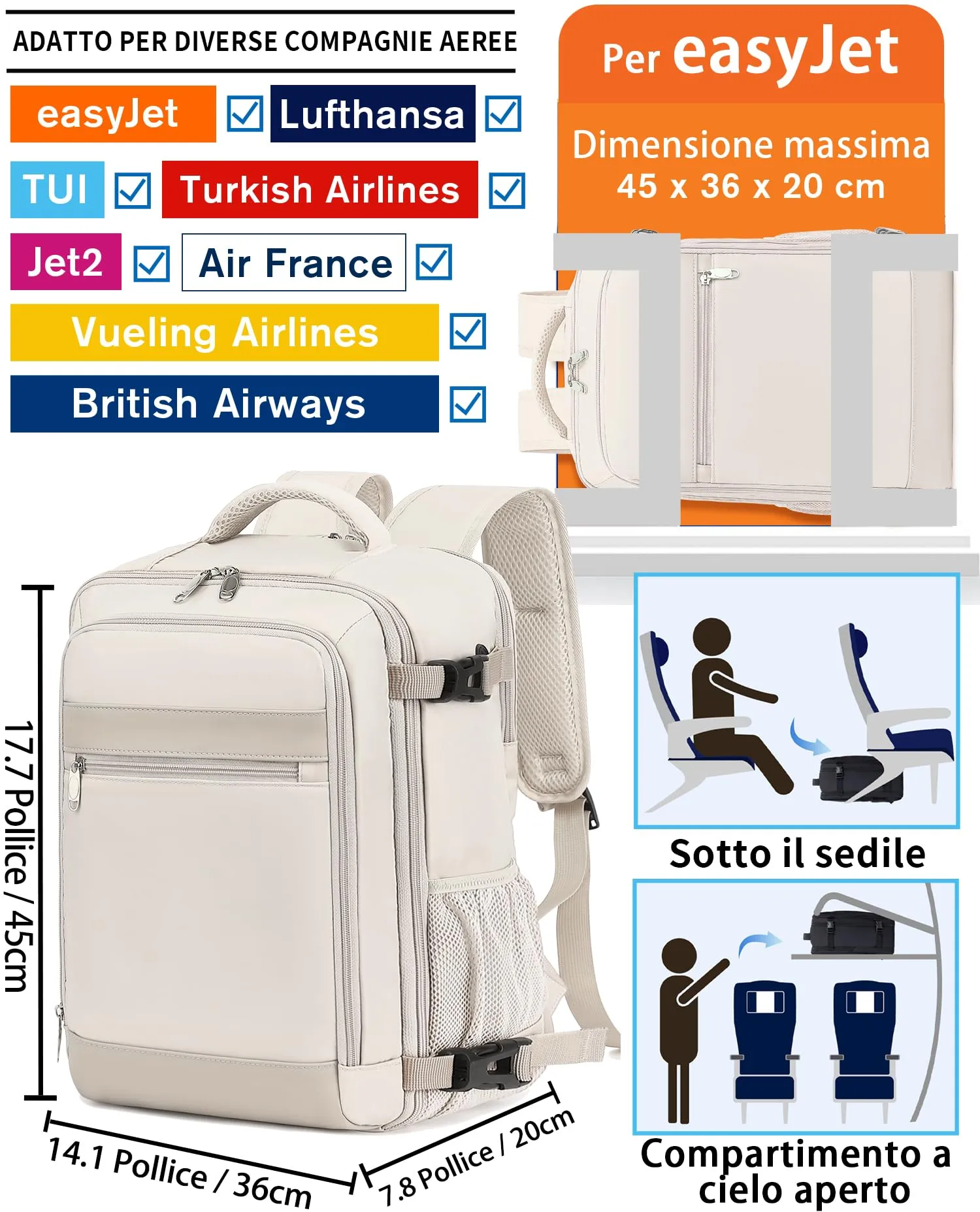 KLOSTAIN Zaino da Viaggio Easyjet 45x36x20 cm, Bagaglio a Mano 30L con Porta PC 15.6 Pollici, Beige - immagine 2
