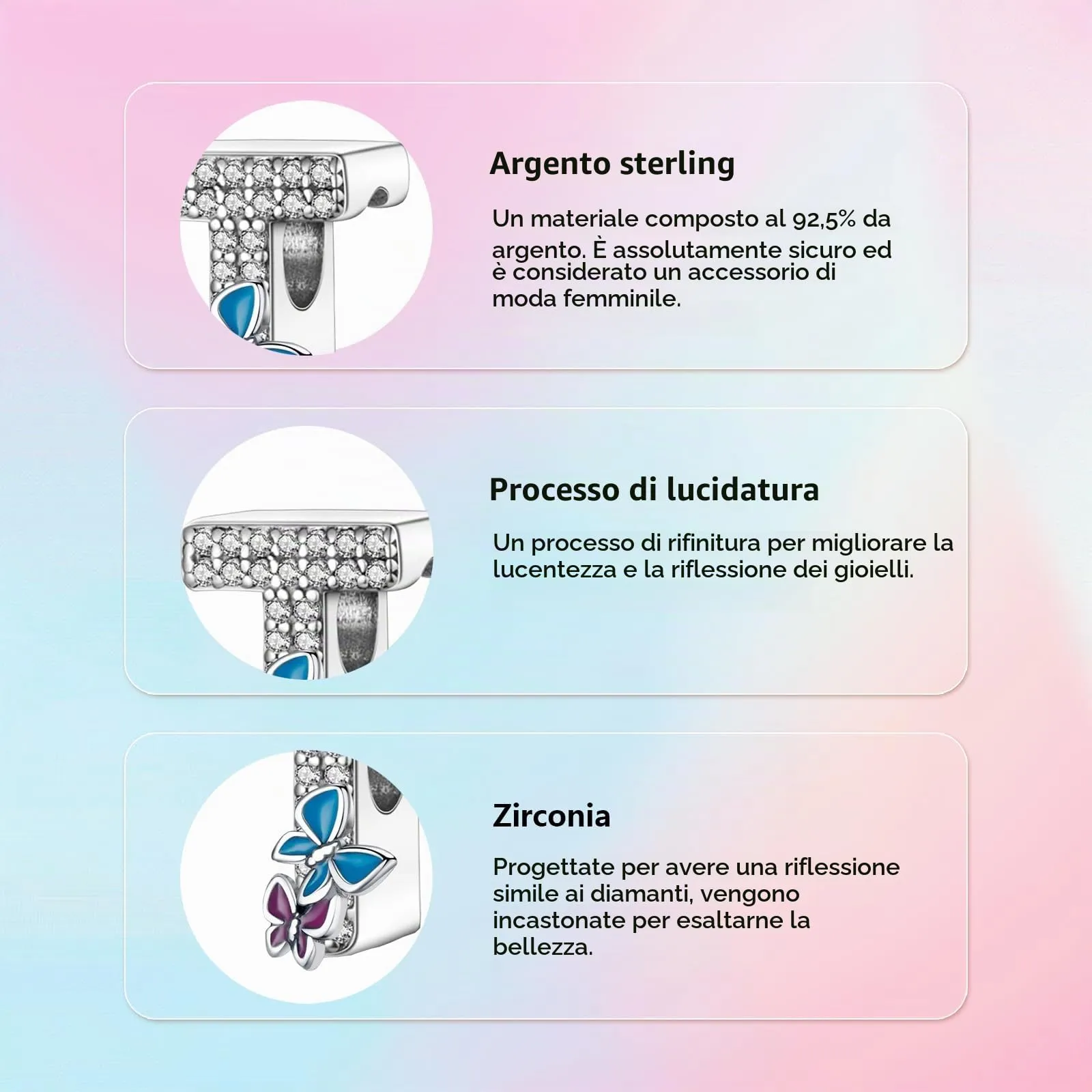 XWN Lettera Bead Charm Ciondolo Alfabeto in Argento Sterling 925 con Cubic Zirconia per Braccialetti e Collane Europee - immagine 4