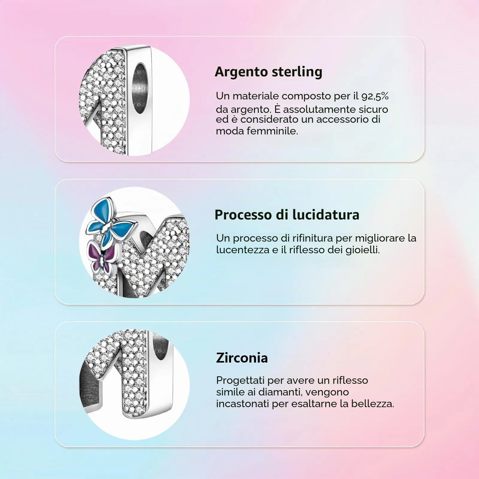 XWN Lettera Bead Charm Alfabeto in Argento Sterling 925 con Cubic Zirconia per Braccialetti e Collane Europei - immagine 4