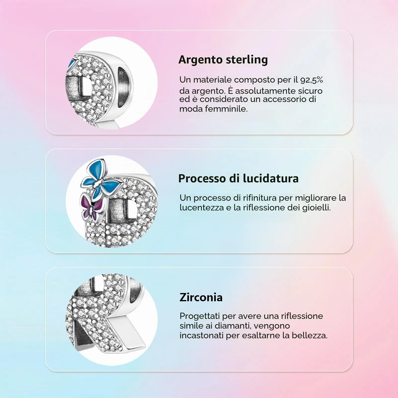 XWN Lettera Bead Charm Alfabeto in Argento Sterling 925 e Cubic Zirconia per Braccialetti e Collane Europee - immagine 4