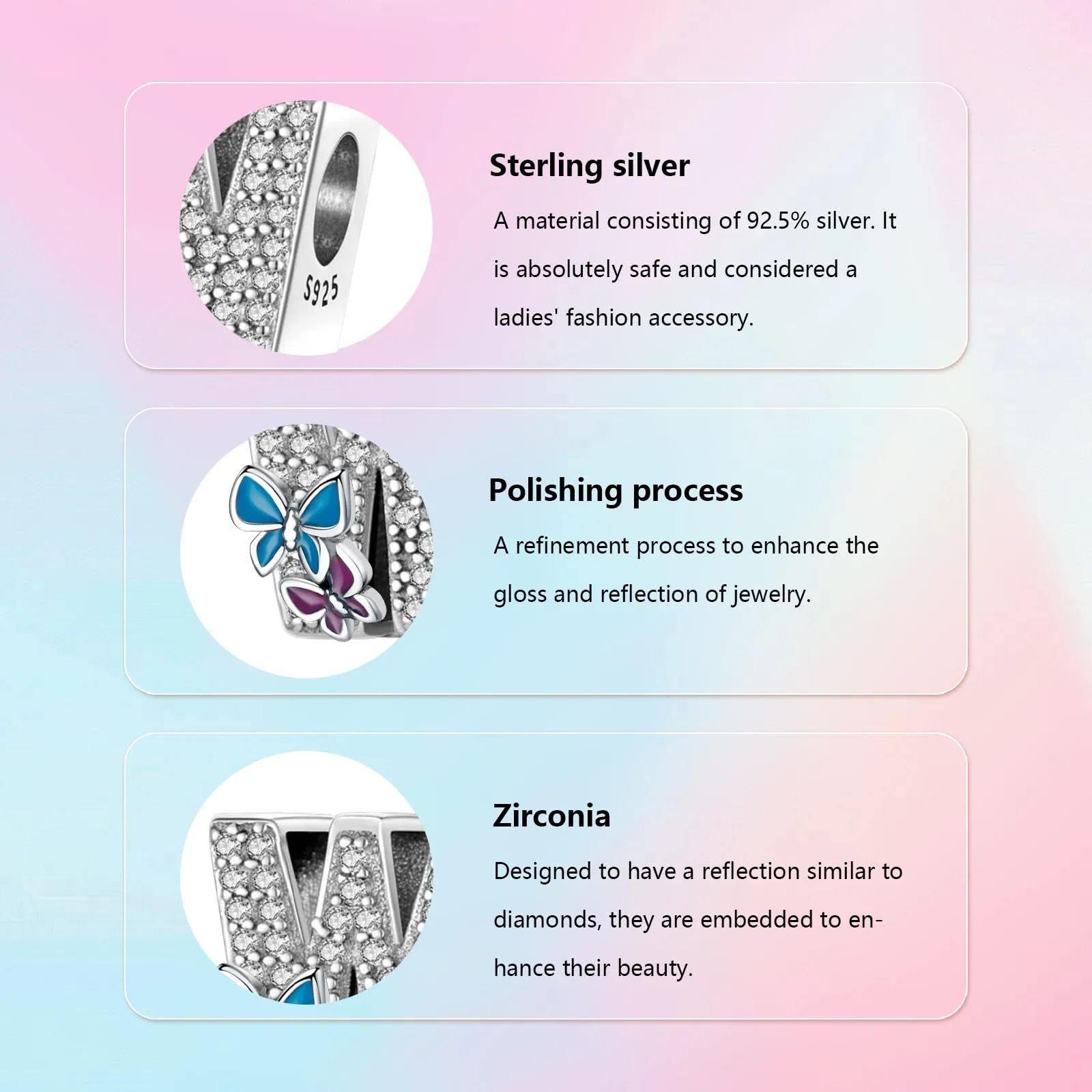 XWN Lettera Bead Charm Alfabeto in Argento Sterling 925 con Cubic Zirconia per Braccialetti e Collane Europee - immagine 4