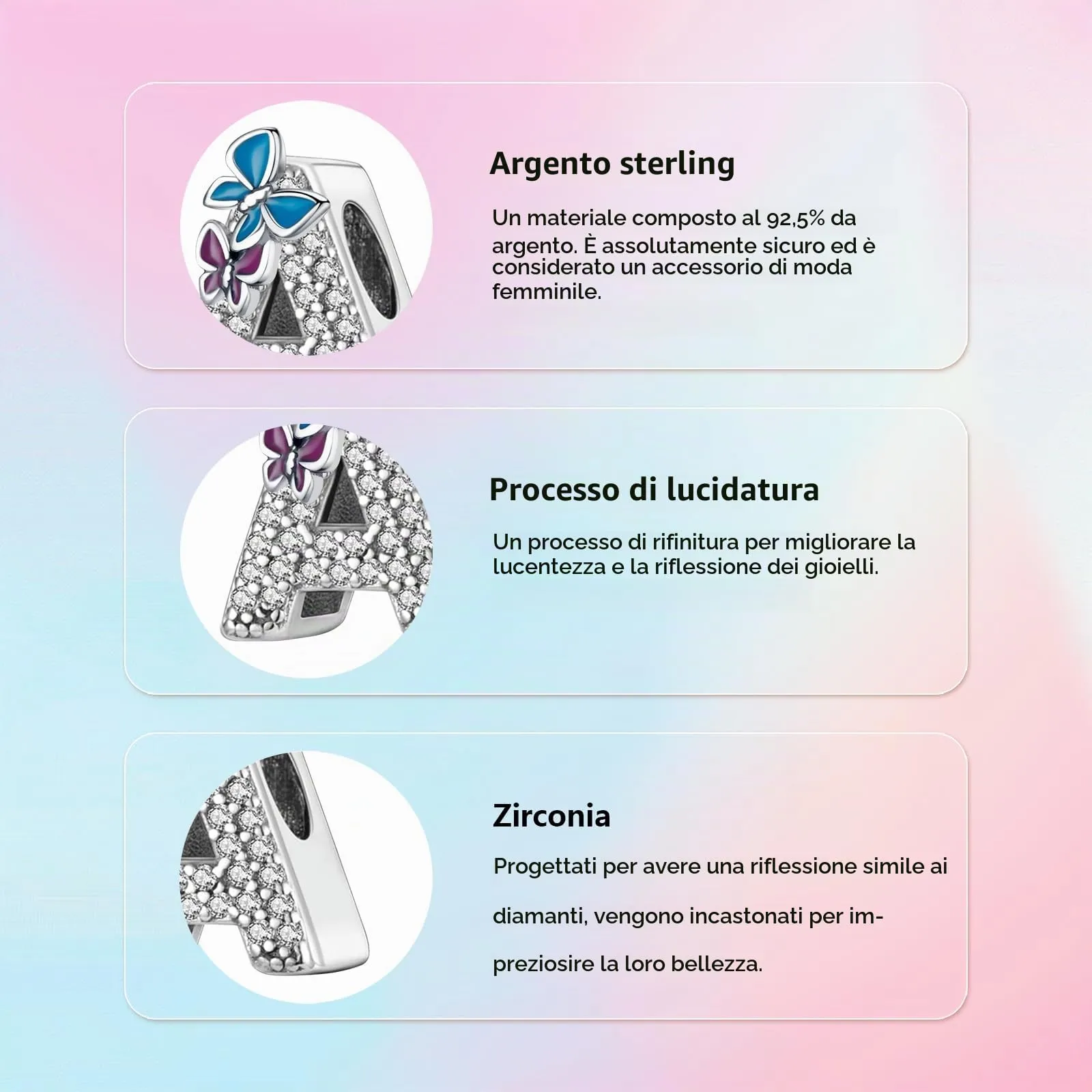 XWN Lettera Bead Charm Alfabeto in Argento Sterling 925 con Cubic Zirconia per Braccialetti e Collane Europee - immagine 4