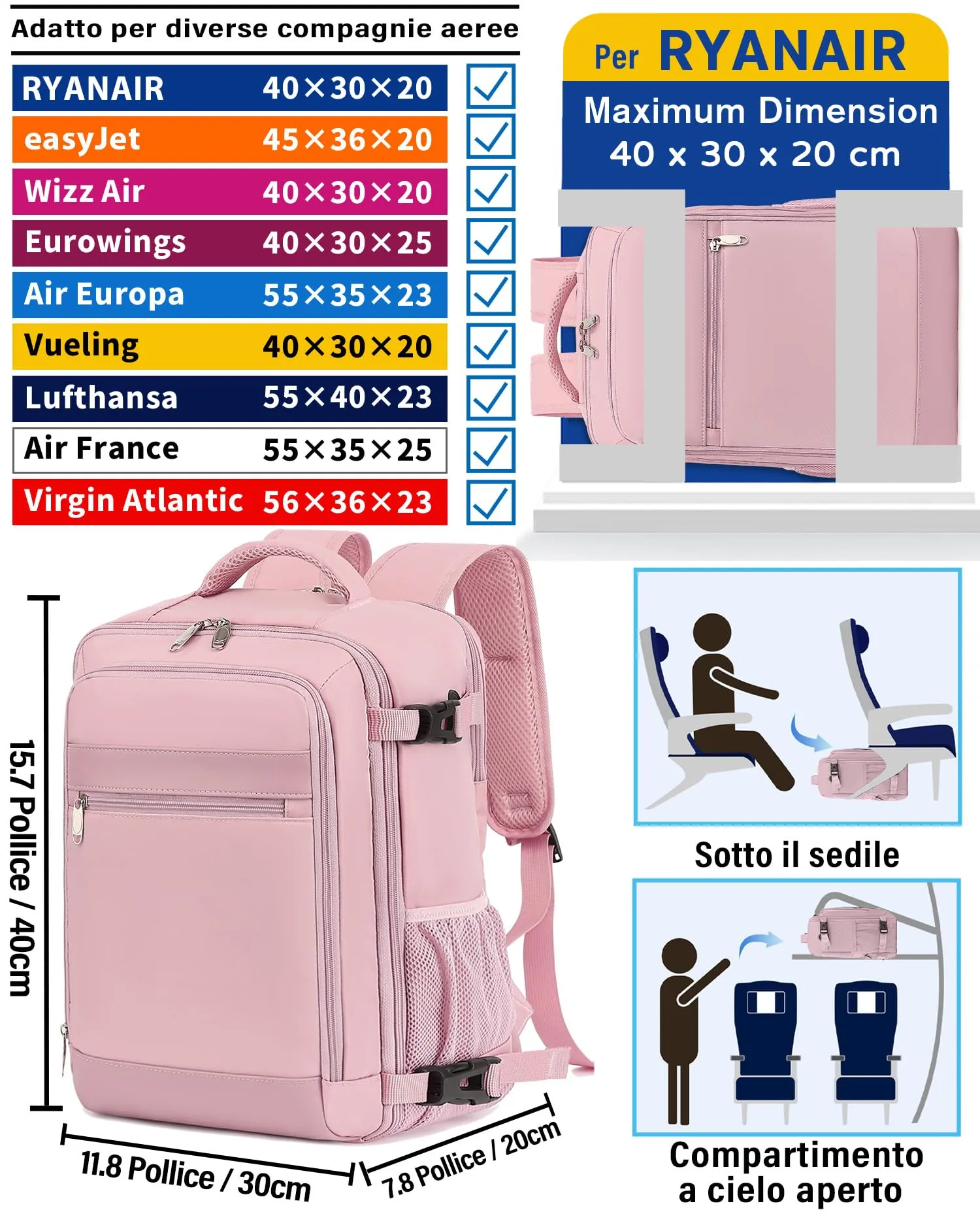 KLOSTAIN Zaino Bagaglio a Mano 40x30x20cm 24L per Ryanair EasyJet Wizz Air Eurowings, Porta Computer 15,6 Pollici, Rosa - immagine 2