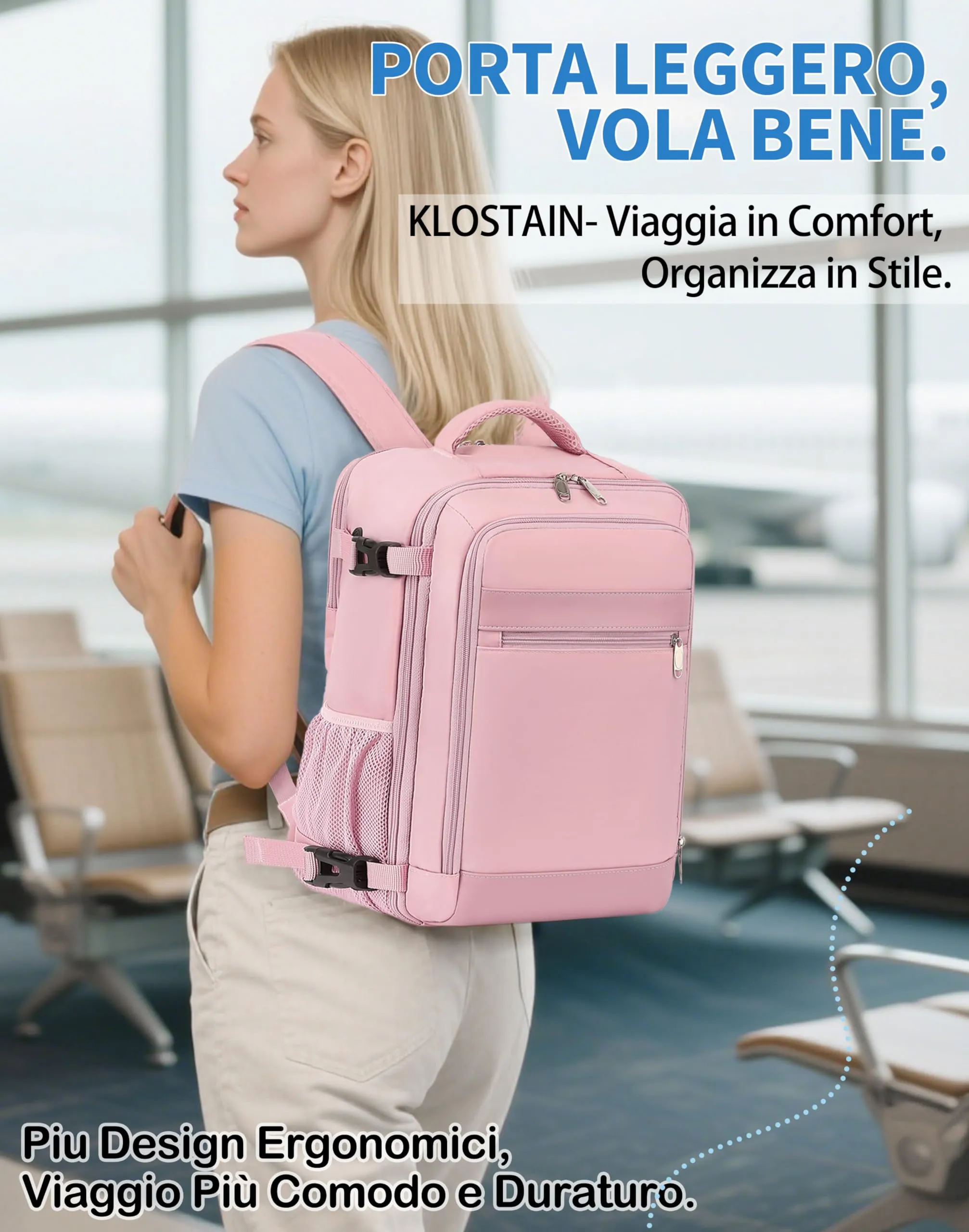 KLOSTAIN Zaino Bagaglio a Mano 40x30x20cm 24L per Ryanair EasyJet Wizz Air Eurowings, Porta Computer 15,6 Pollici, Rosa - immagine 6