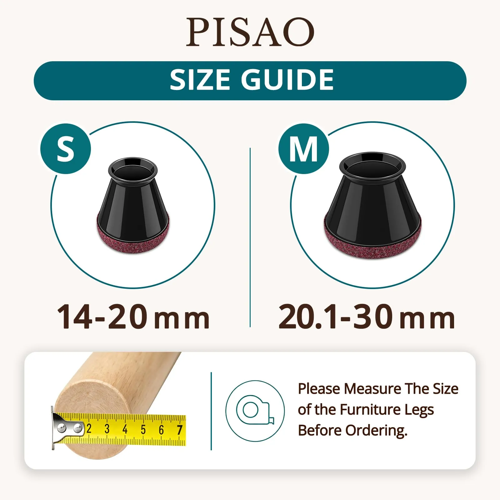 PISAO Gommini per Sedie Rotondi, 32 Pezzi, Nero, Taglia S (14-20mm) - immagine 3