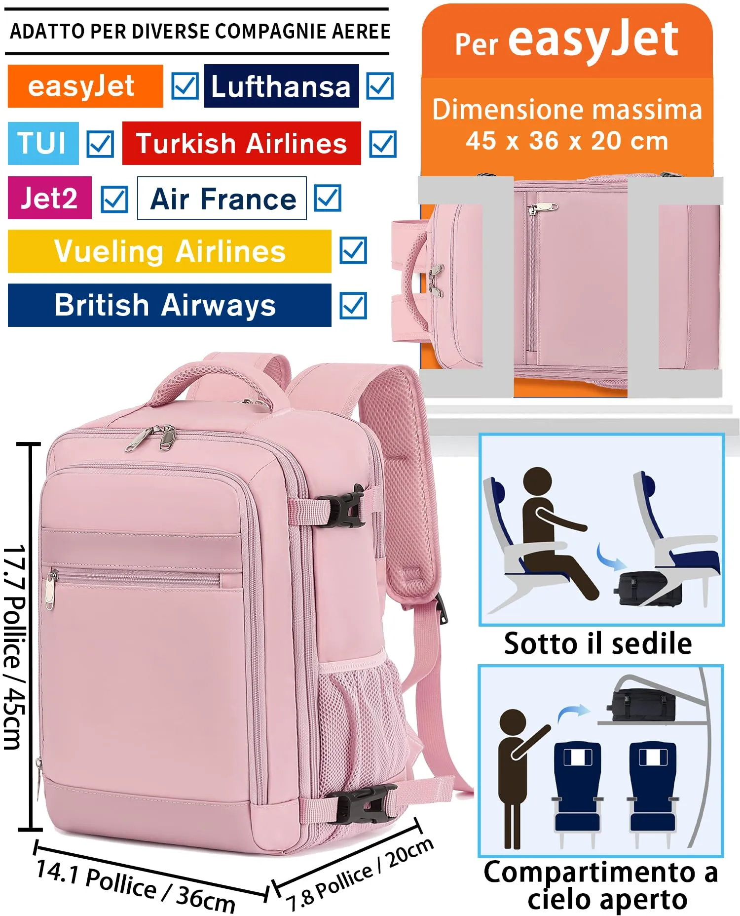 KLOSTAIN Zaino da Viaggio Easyjet 45x36x20 cm 30L Bagaglio a Mano per PC 15.6 Pollici, Rosa - immagine 2