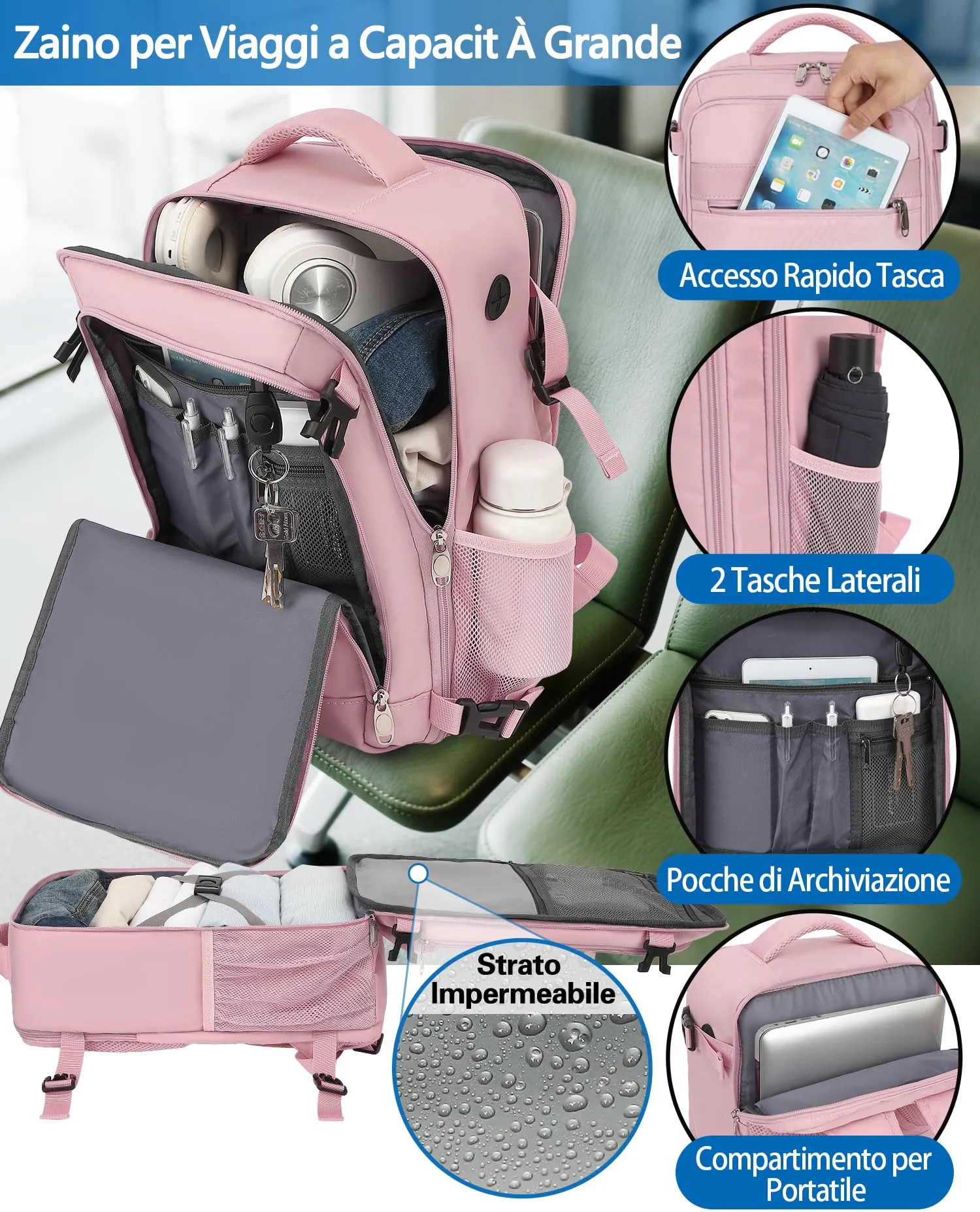 KLOSTAIN Zaino da Viaggio Easyjet 45x36x20 cm 30L Bagaglio a Mano per PC 15.6 Pollici, Rosa - immagine 4