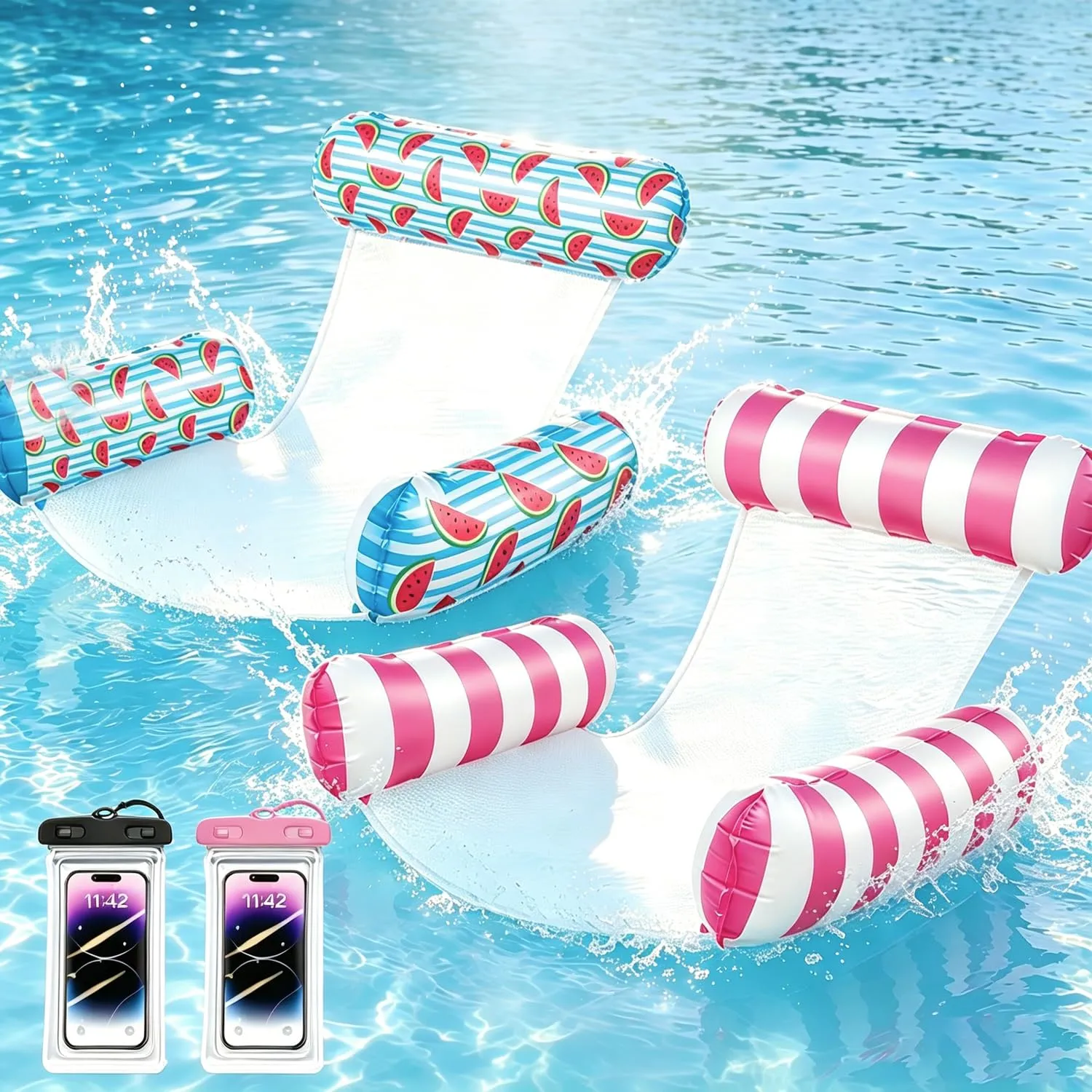FFTANXS Set di 2 Materassini Mare XL 4-in-1 Amaca Galleggiante Gonfiabile con 2 Custodie Impermeabili per Telefono, 122 x 112 cm per Adulti e Bambini, Stile 2 - immagine 1