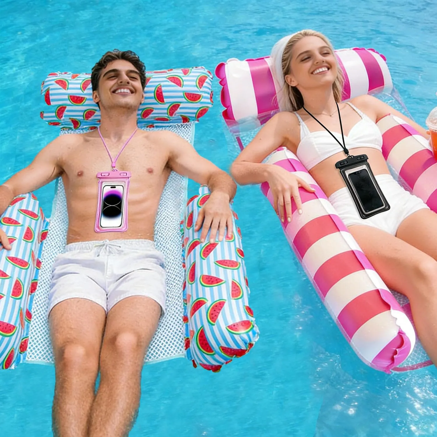 FFTANXS Set di 2 Materassini Mare XL 4-in-1 Amaca Galleggiante Gonfiabile con 2 Custodie Impermeabili per Telefono, 122 x 112 cm per Adulti e Bambini, Stile 2 - immagine 7