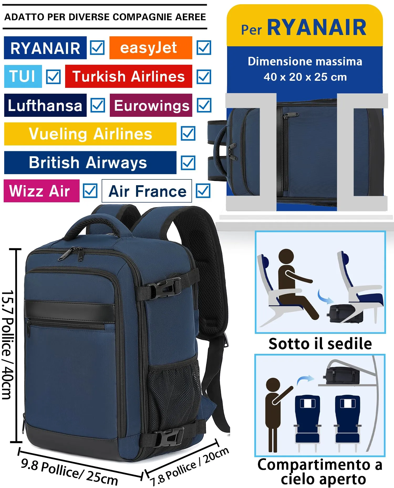 KLOSTAIN Zaino Ryanair 40x20x25 Bagaglio a Mano 20L con Porta PC 14 Pollici, Blu Profondo - immagine 2