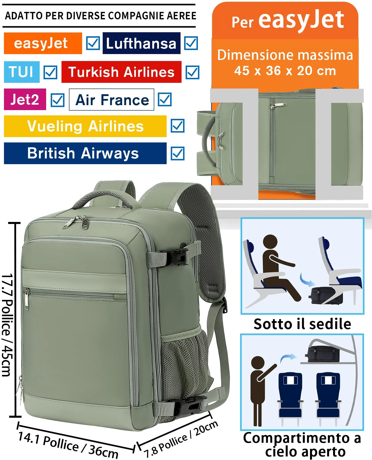 KLOSTAIN Zaino da Viaggio Easyjet 45x36x20, Bagaglio a Mano 30L con Porta PC 15.6 Pollici, Verde - immagine 2