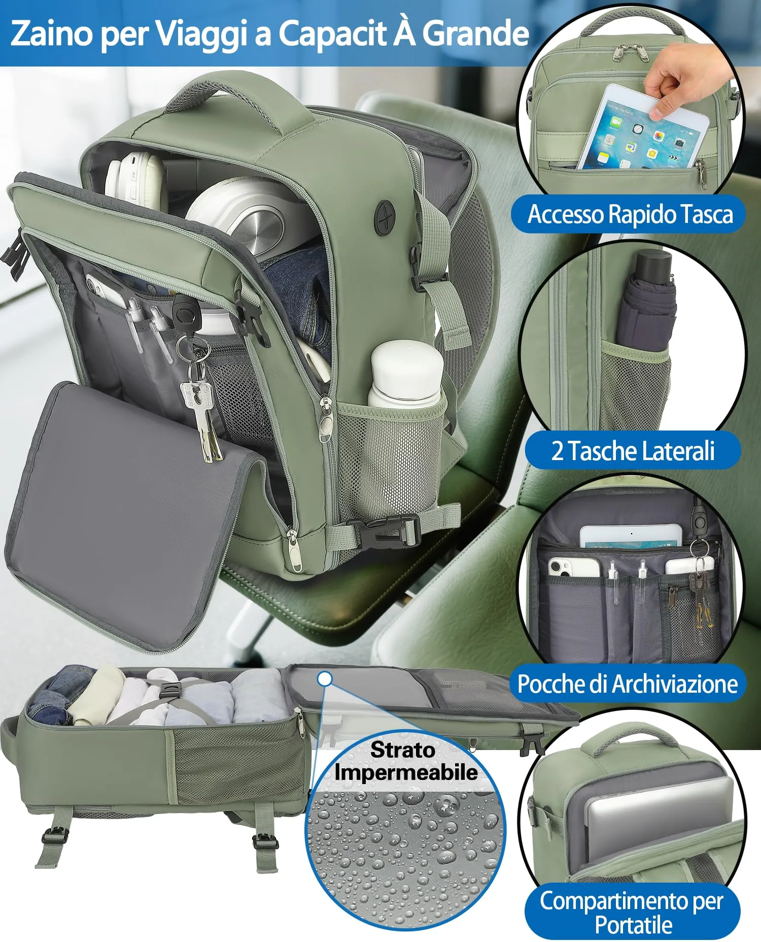 KLOSTAIN Zaino da Viaggio Easyjet 45x36x20, Bagaglio a Mano 30L con Porta PC 15.6 Pollici, Verde - immagine 4