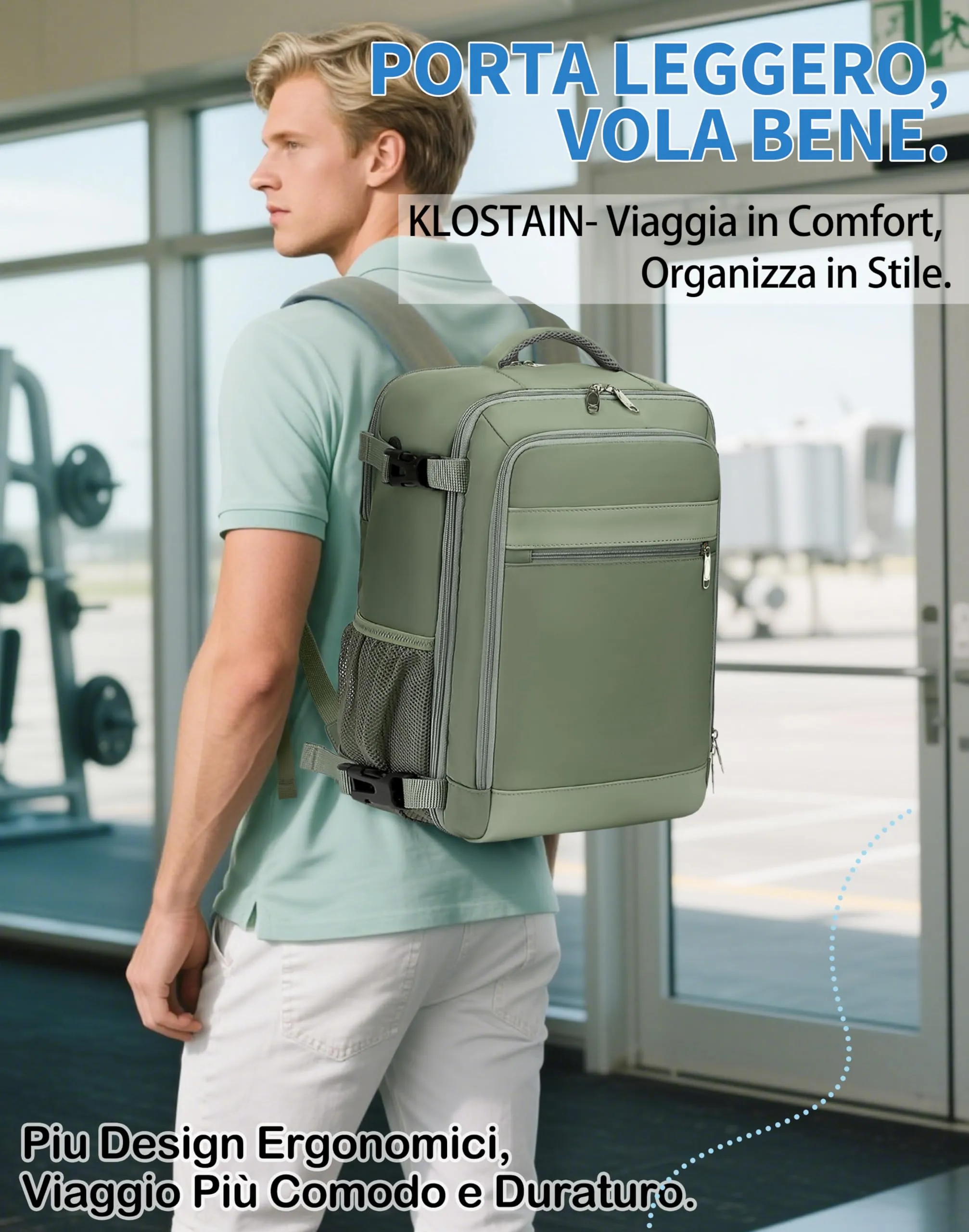 KLOSTAIN Zaino da Viaggio Easyjet 45x36x20, Bagaglio a Mano 30L con Porta PC 15.6 Pollici, Verde - immagine 6