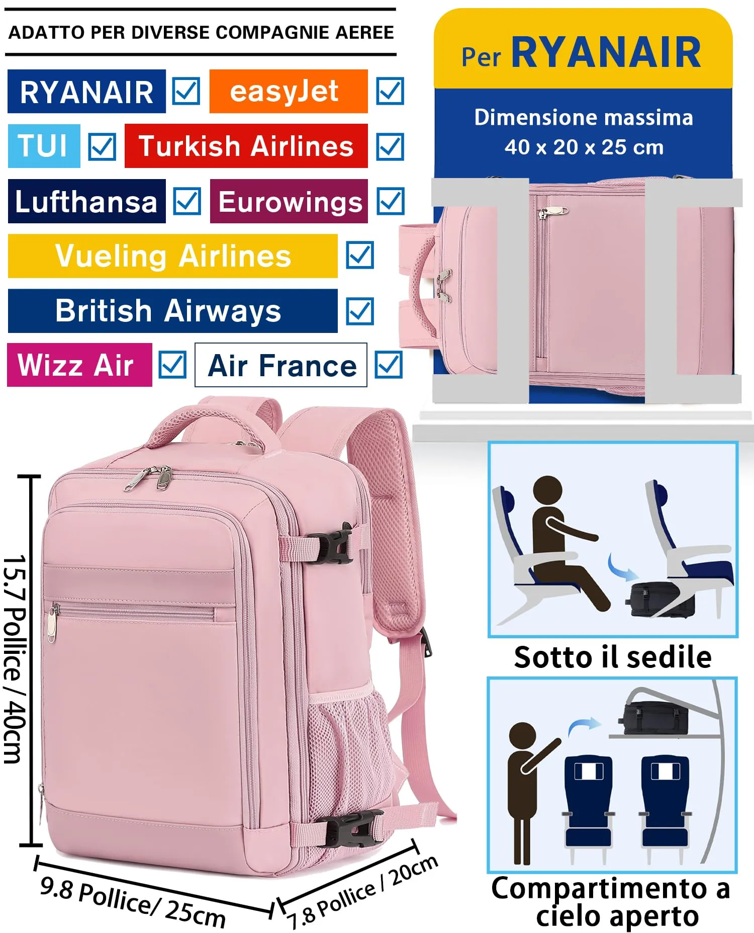 KLOSTAIN Zaino Bagaglio a Mano 40x20x25cm 20L per Ryanair, Porta PC 14 Pollici, Rosa - immagine 2