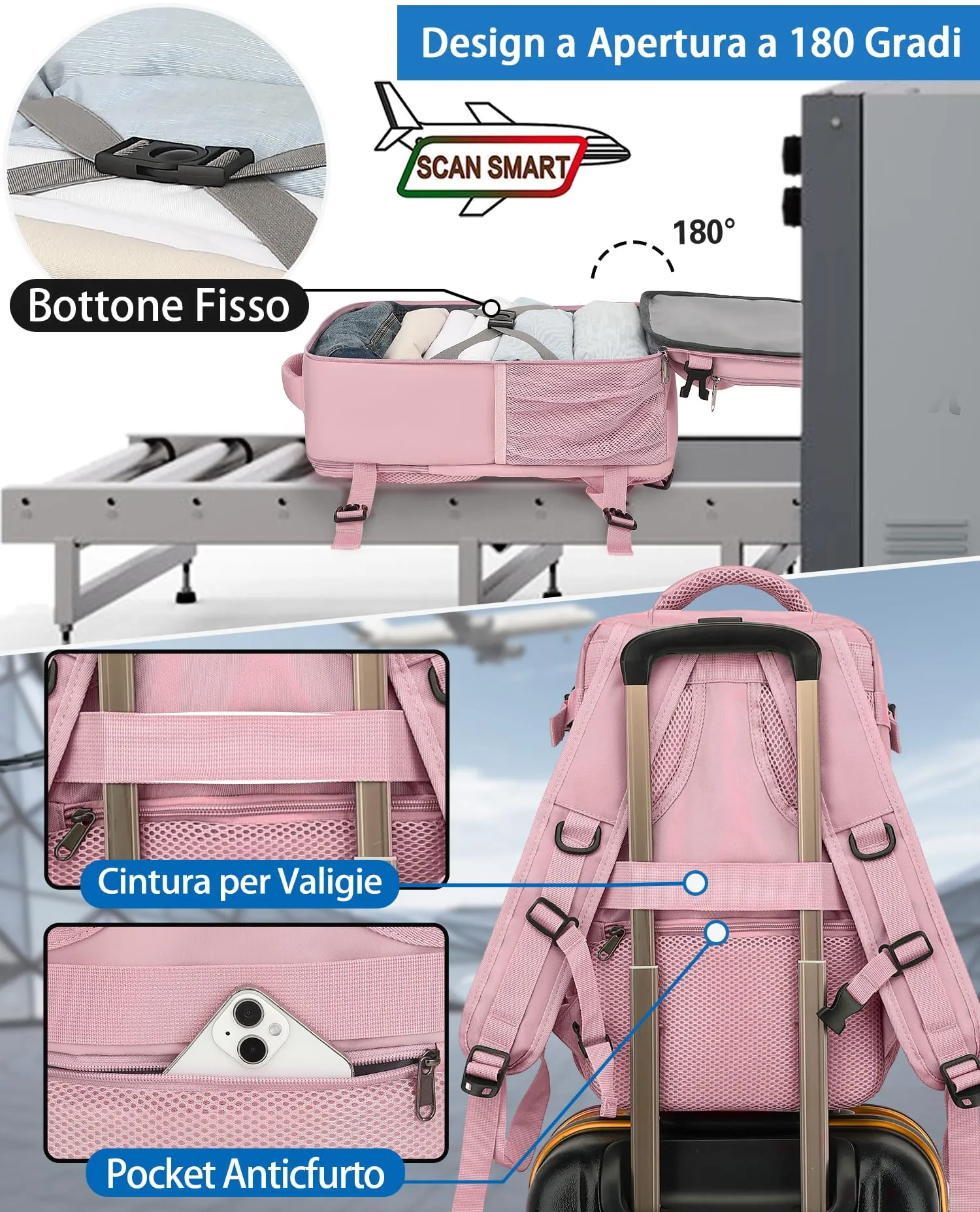 KLOSTAIN Zaino Bagaglio a Mano 40x20x25cm 20L per Ryanair, Porta PC 14 Pollici, Rosa - immagine 3