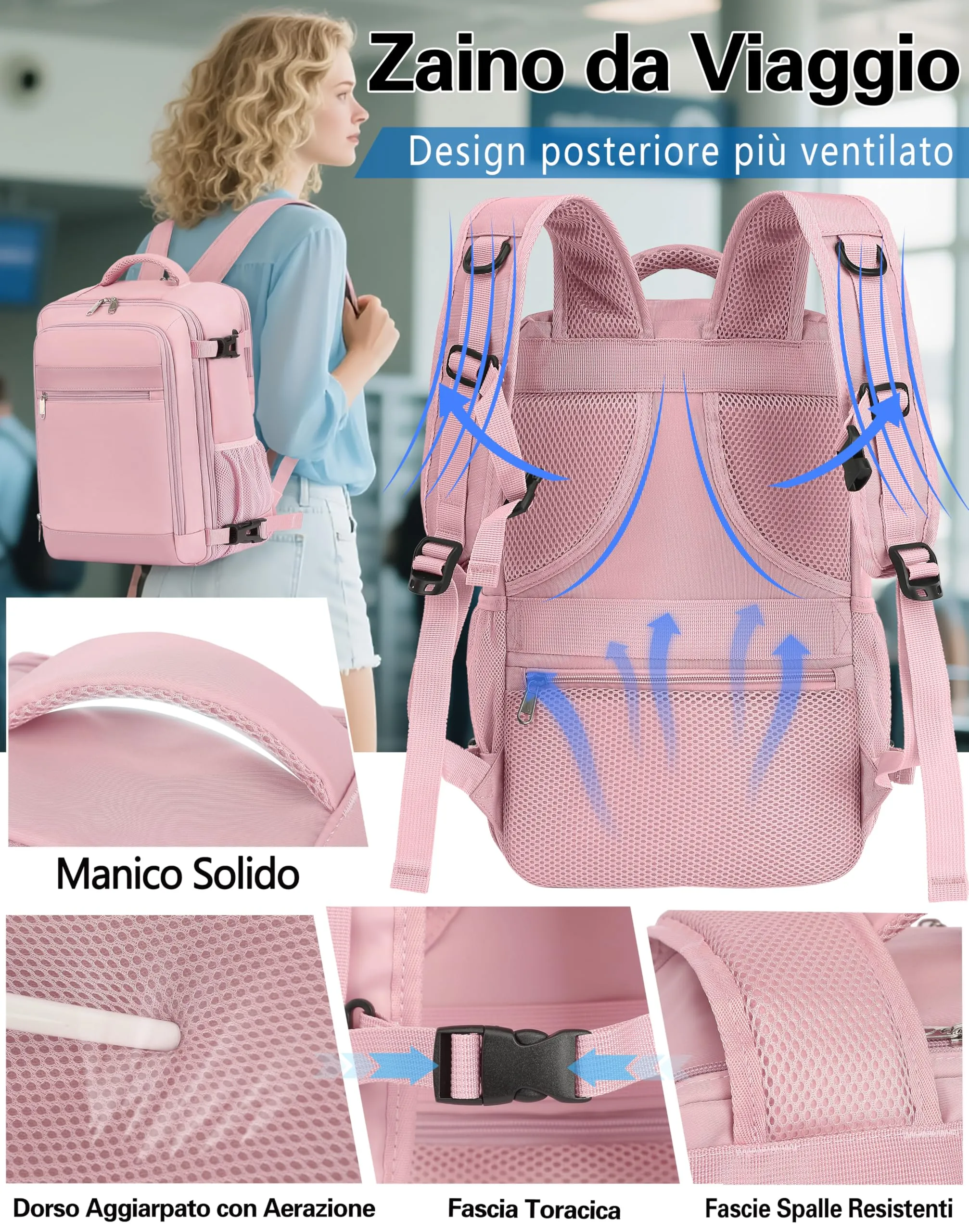 KLOSTAIN Zaino Bagaglio a Mano 40x20x25cm 20L per Ryanair, Porta PC 14 Pollici, Rosa - immagine 5
