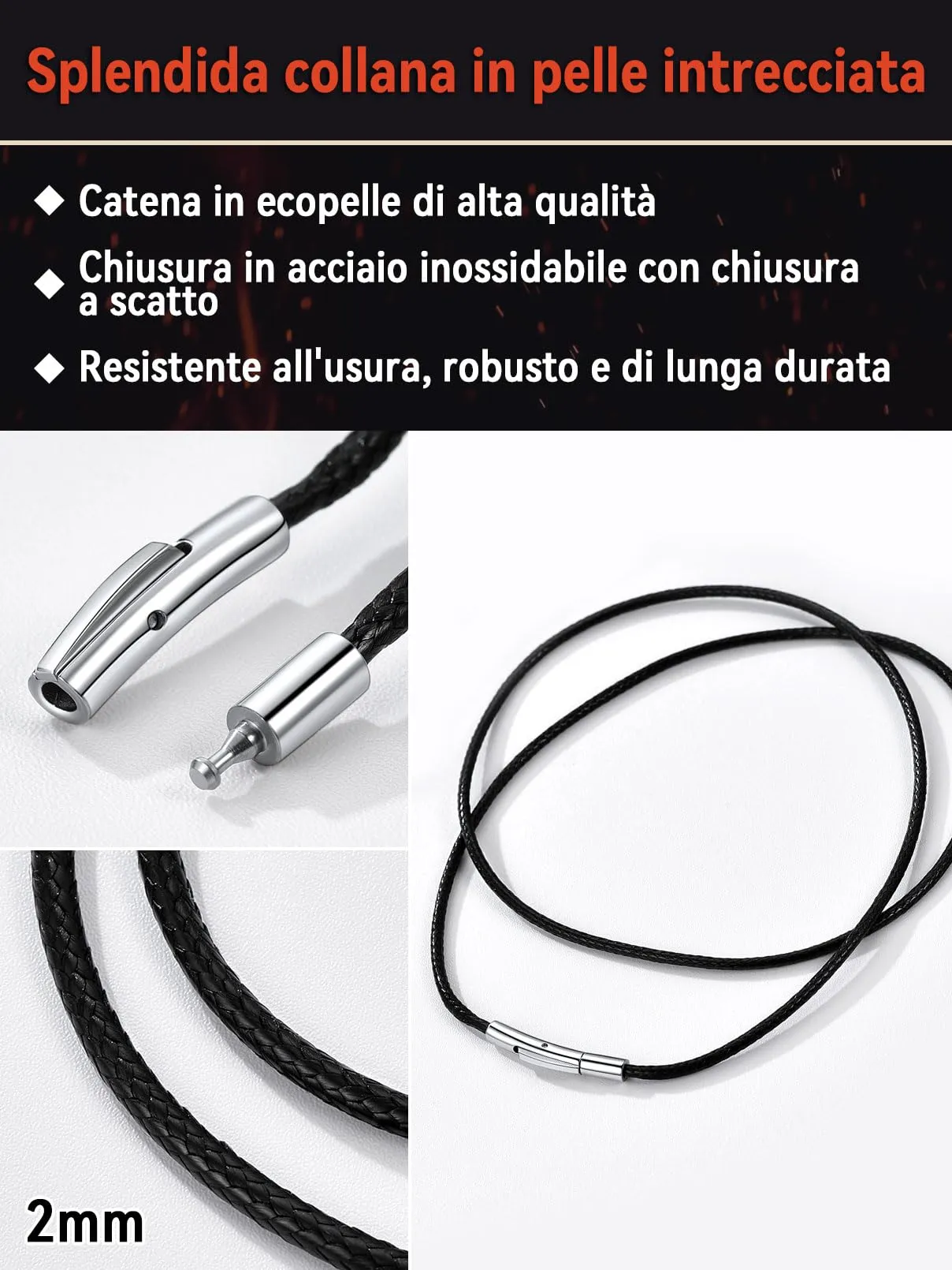 FaithHeart Cordino per Ciondolo in Pelle Intrecciato Impermeabile, 2mm, Nero, 45 cm - immagine 3