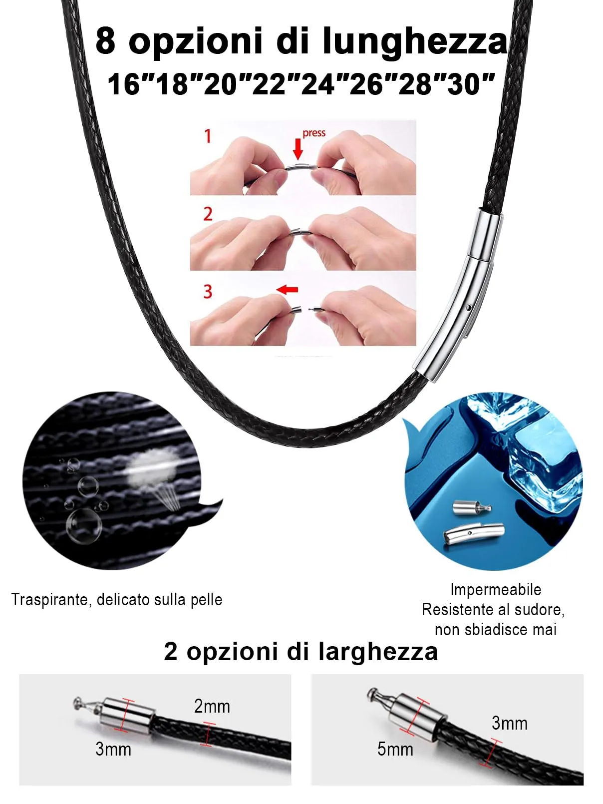 FaithHeart Cordino per ciondolo uomo donna in similpelle intrecciato impermeabile, chiusura in acciaio inossidabile, 2 mm, 75 cm, Nero - immagine 7