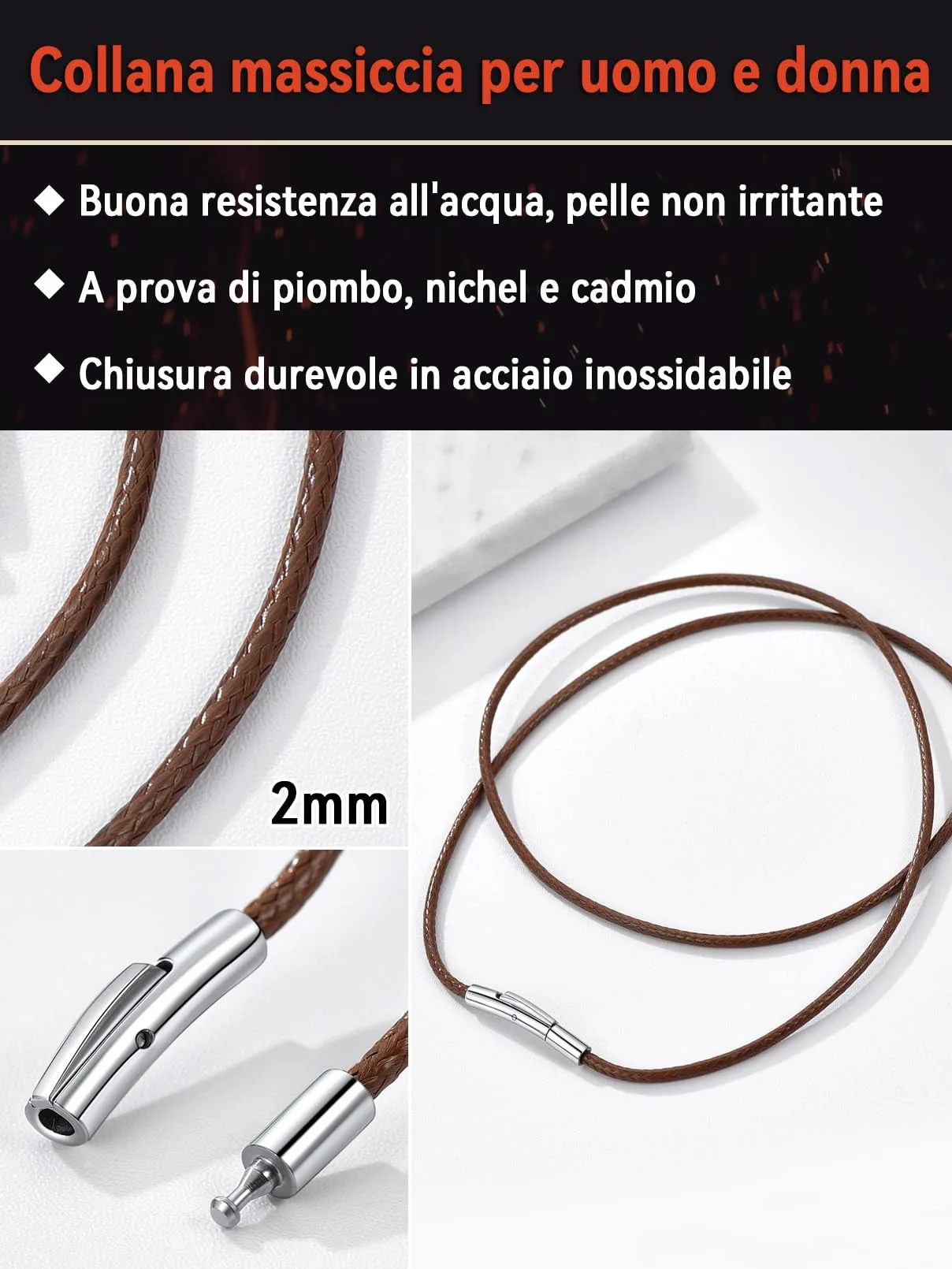 FaithHeart Cordino per Ciondolo in Pelle Intrecciata Impermeabile, 2mm, 75 cm, Marrone - immagine 3