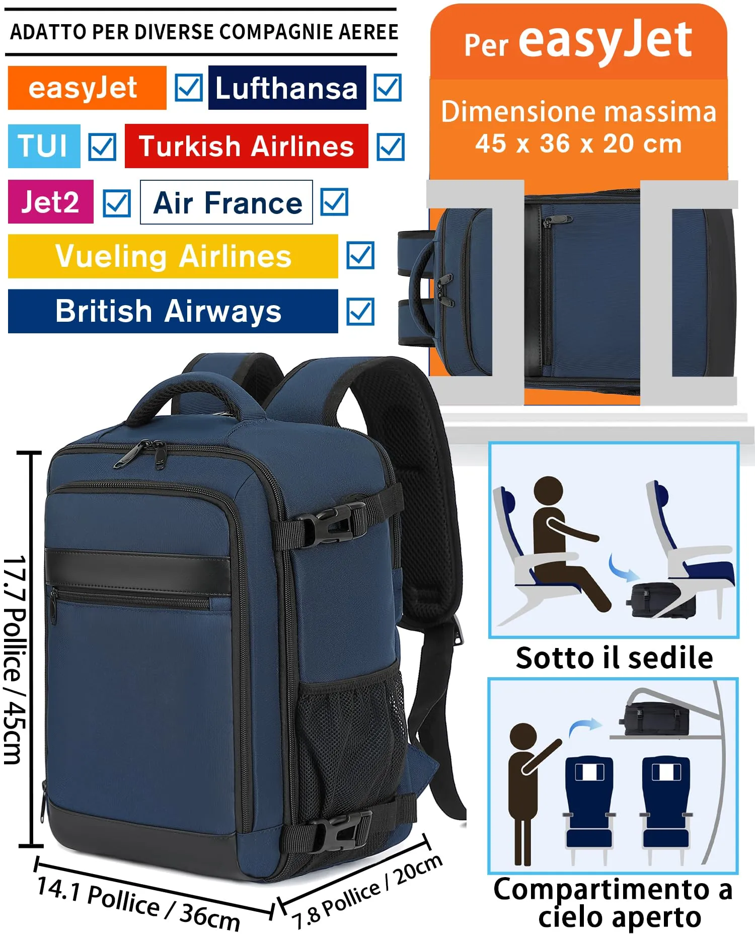 KLOSTAIN Zaino da Viaggio Easyjet 45x36x20 cm, Bagaglio a Mano 30L per Laptop 15.6 Pollici, Blu Profondo - immagine 2