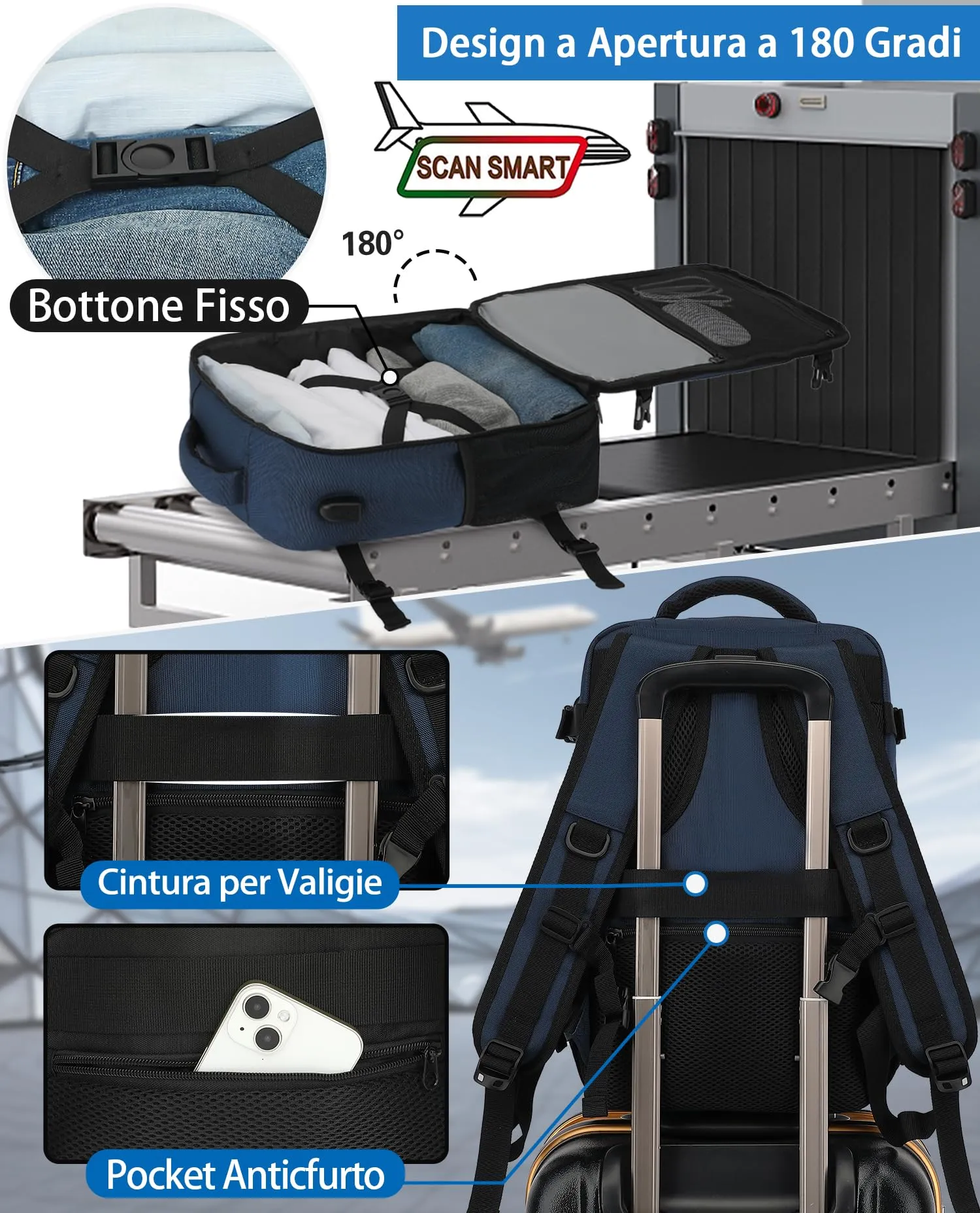 KLOSTAIN Zaino da Viaggio Easyjet 45x36x20 cm, Bagaglio a Mano 30L per Laptop 15.6 Pollici, Blu Profondo - immagine 3