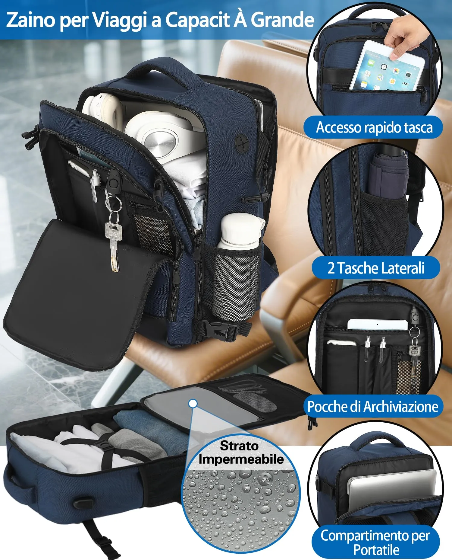 KLOSTAIN Zaino da Viaggio Easyjet 45x36x20 cm, Bagaglio a Mano 30L per Laptop 15.6 Pollici, Blu Profondo - immagine 4