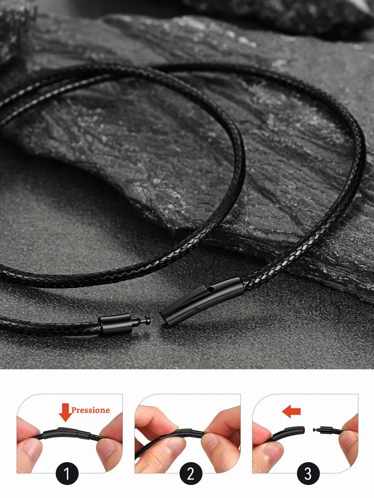 FaithHeart Collana Uomo in Pelle Sintetica Impermeabile 2/3 mm Nero/Marrone 40-75 cm - immagine 3