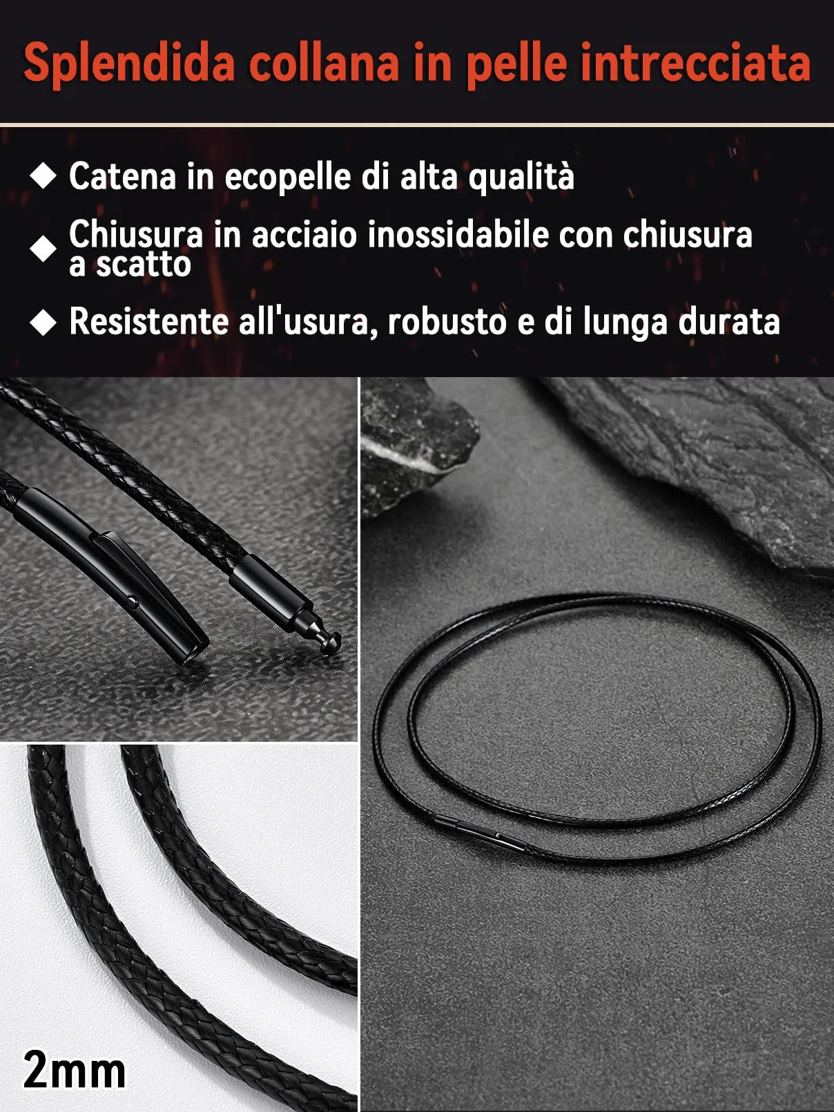 FaithHeart Collana Uomo in Pelle Sintetica Impermeabile 2/3 mm Nero/Marrone 40-75 cm - immagine 5