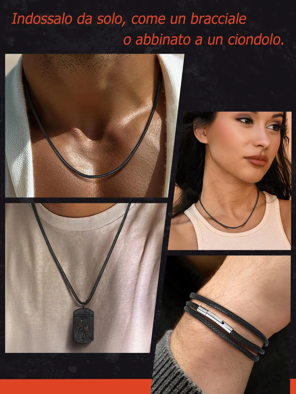 FaithHeart Collana Uomo in Pelle Sintetica Impermeabile, 2-3 mm, Nero/Marrone, 40-75 cm - immagine 8