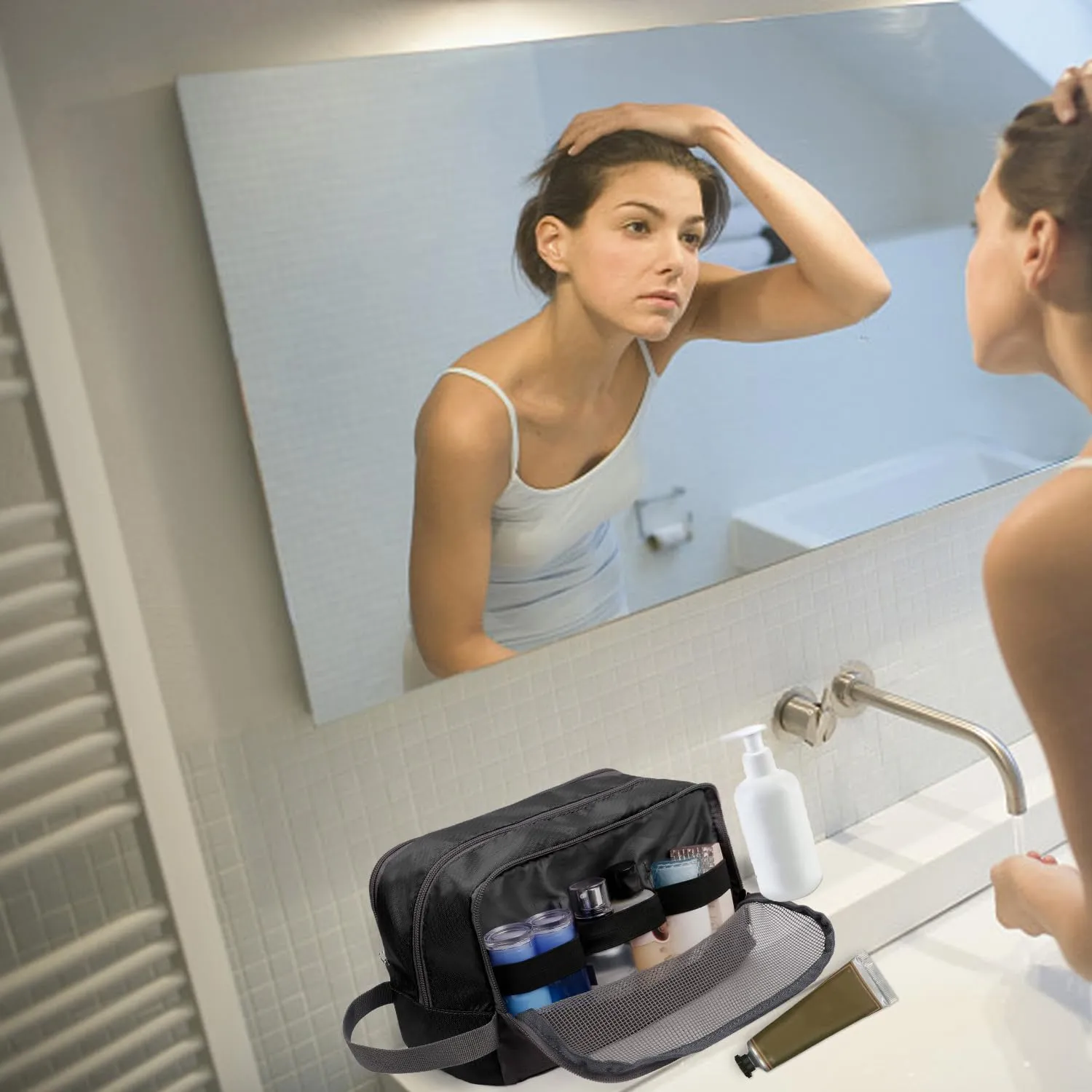 WANDF Borsa da toilette in Nylon Leggero per uomo e donna, Nero - immagine 6