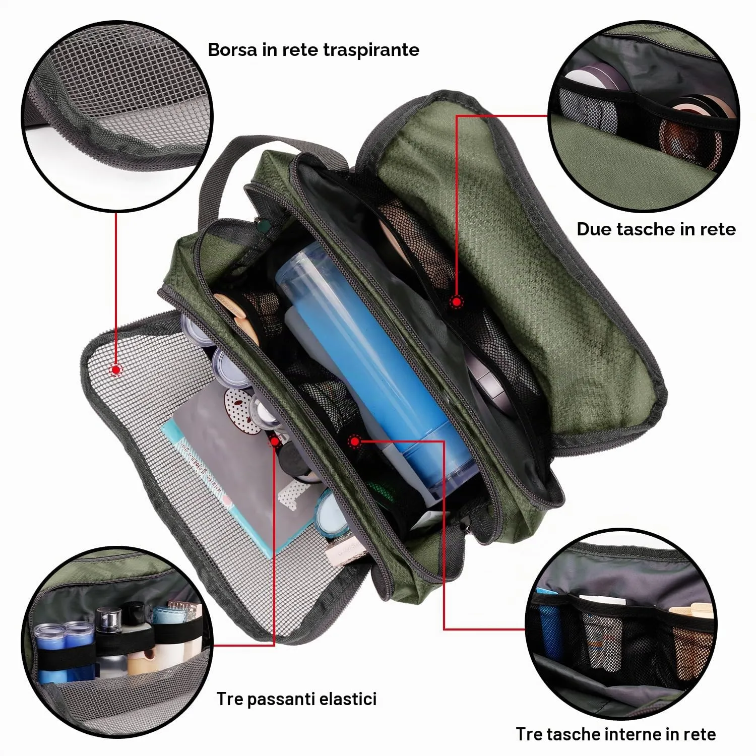 WANDF Borsa da toilette e cosmetica in Nylon Leggero, Verde Militare - immagine 2