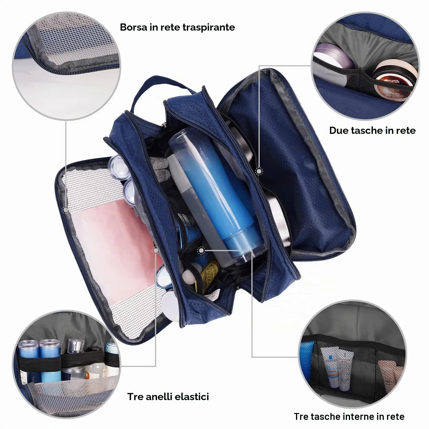 WANDF Borsa da toilette e cosmetici in nylon leggero, Blu Reale - immagine 2