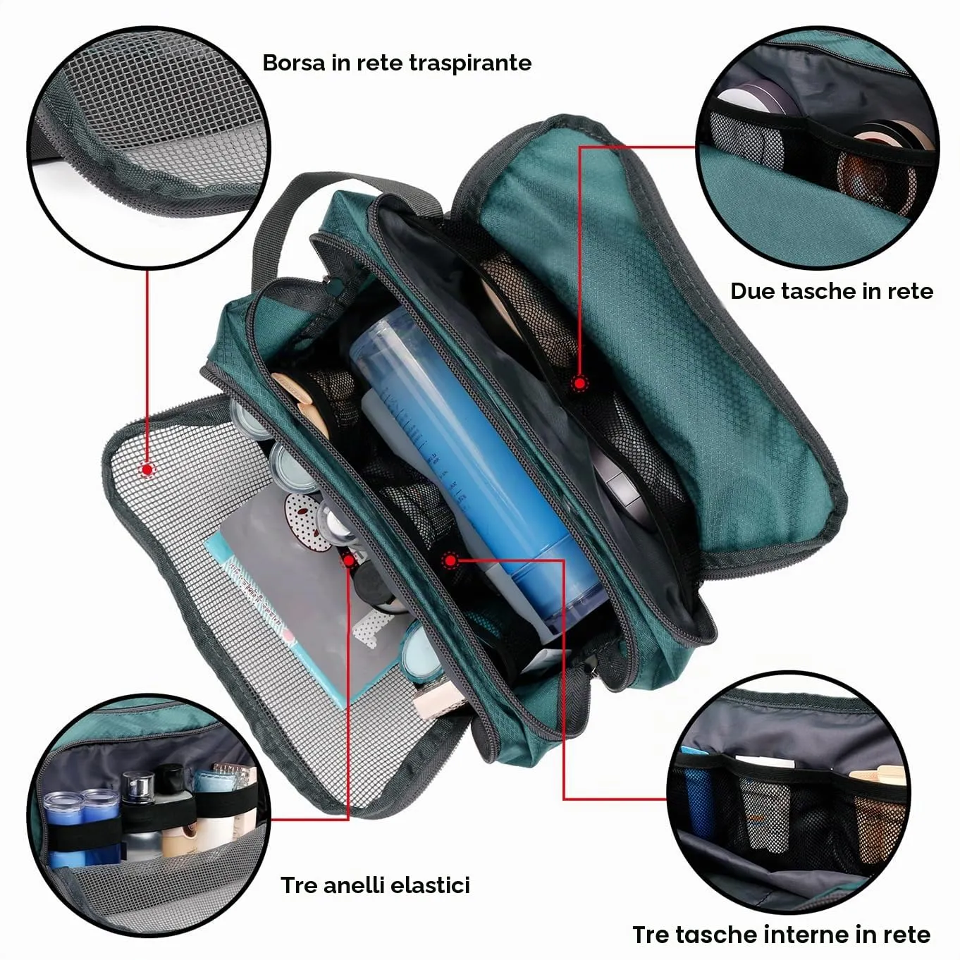 WANDF Borsa da toilette in nylon leggero per uomo e donna, Verde malachite - immagine 2