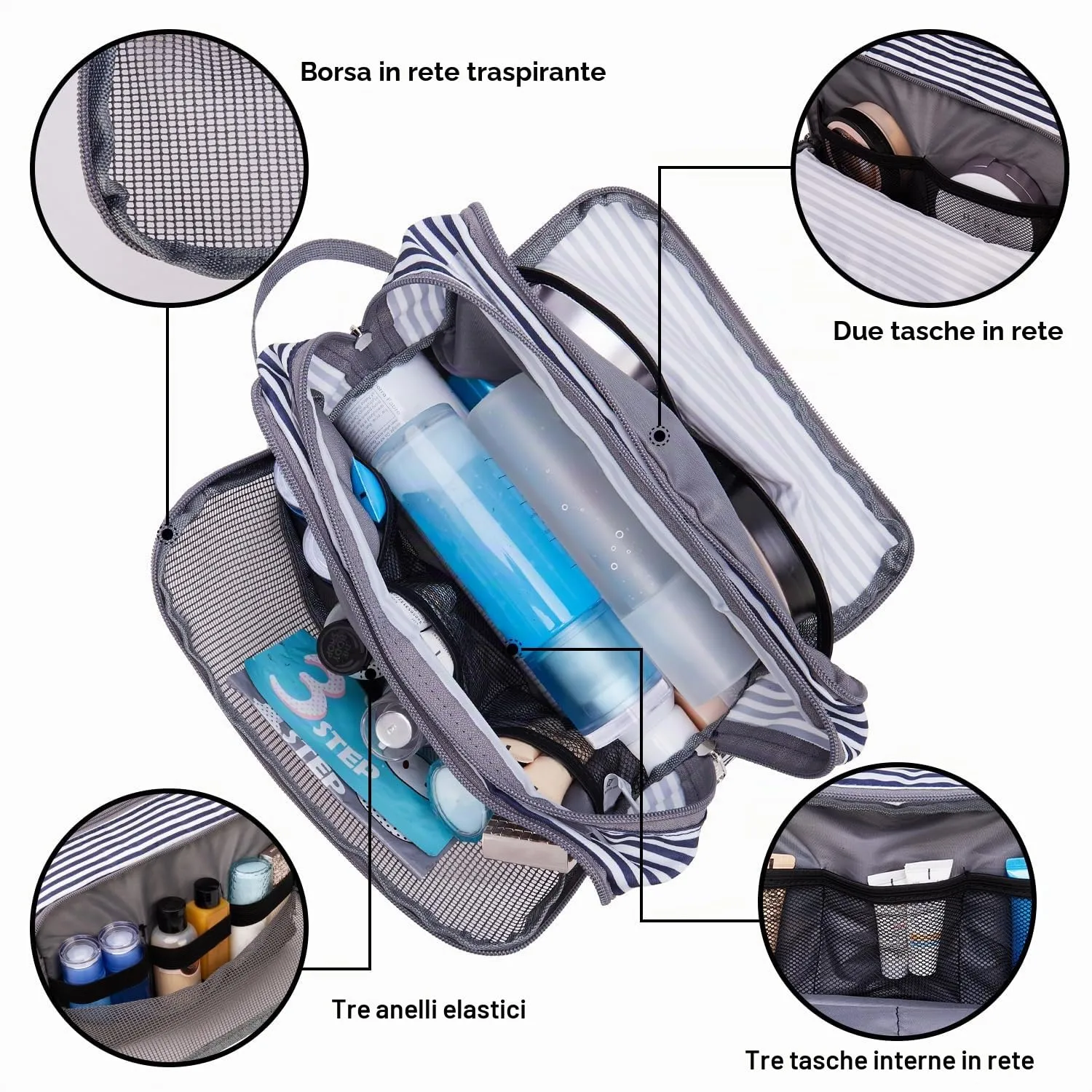 WANDF Borsa da toilette in Nylon Leggero per Uomo e Donna (A-Stripes) - immagine 2