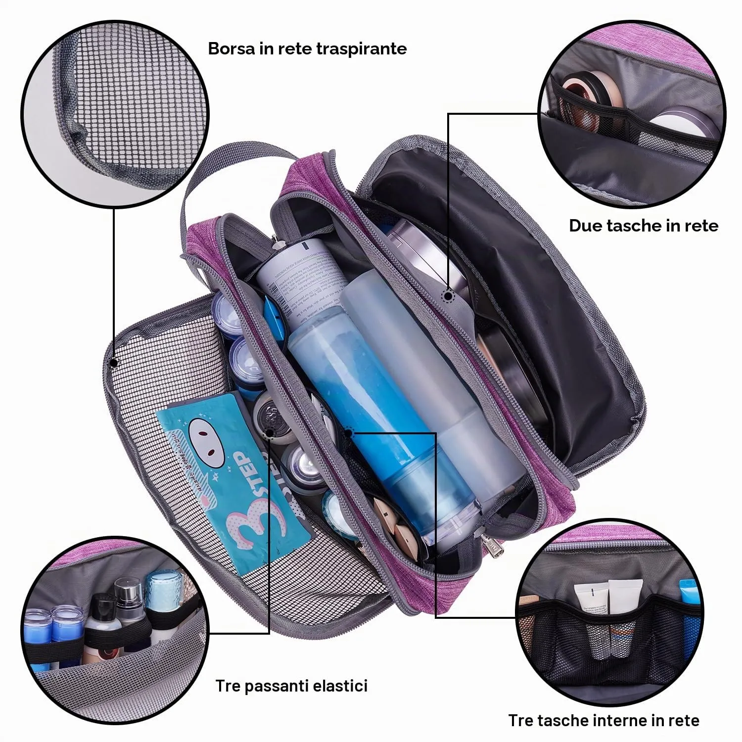 WANDF Borsa da toilette in Nylon Leggero, Denim Purple - immagine 2