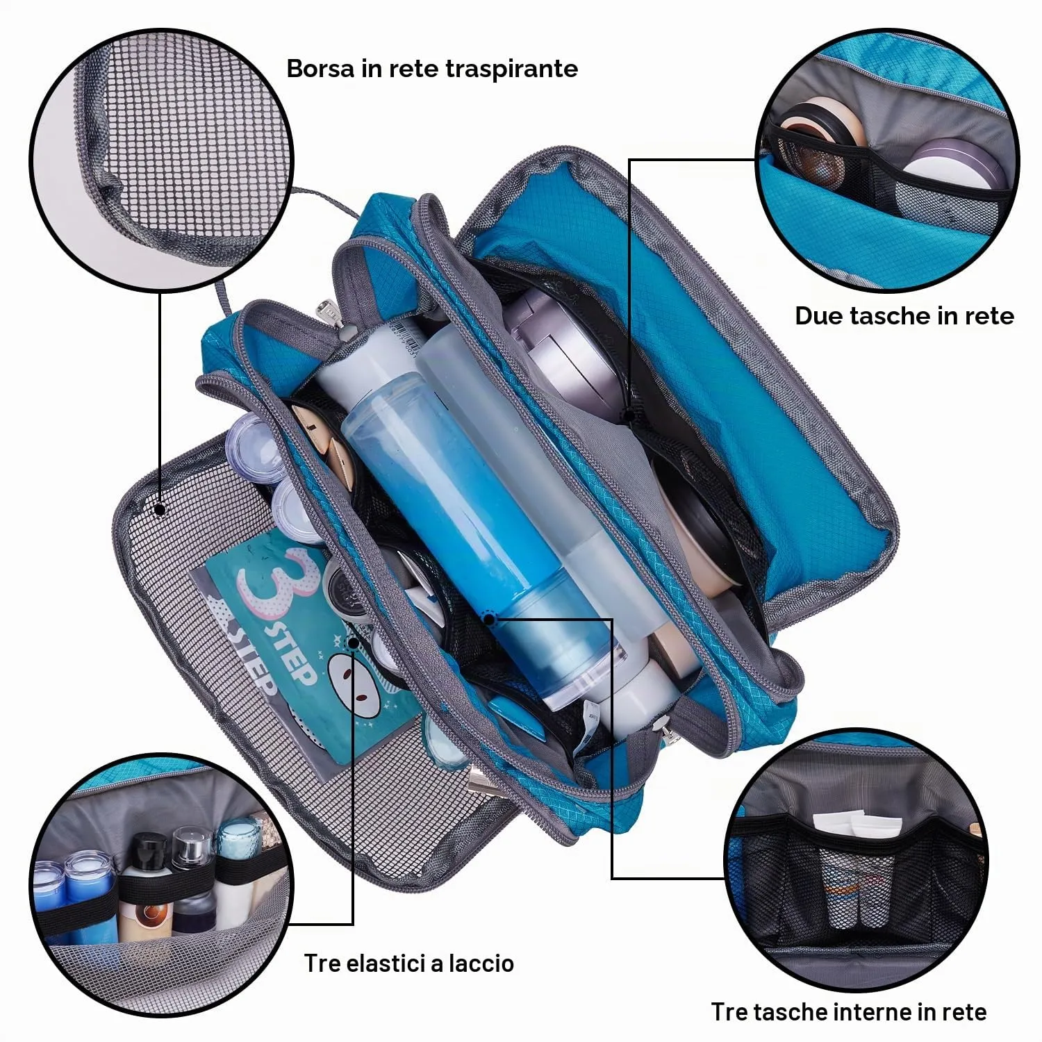 WANDF Borsa da toilette in nylon leggero per uomo e donna, celeste - immagine 2