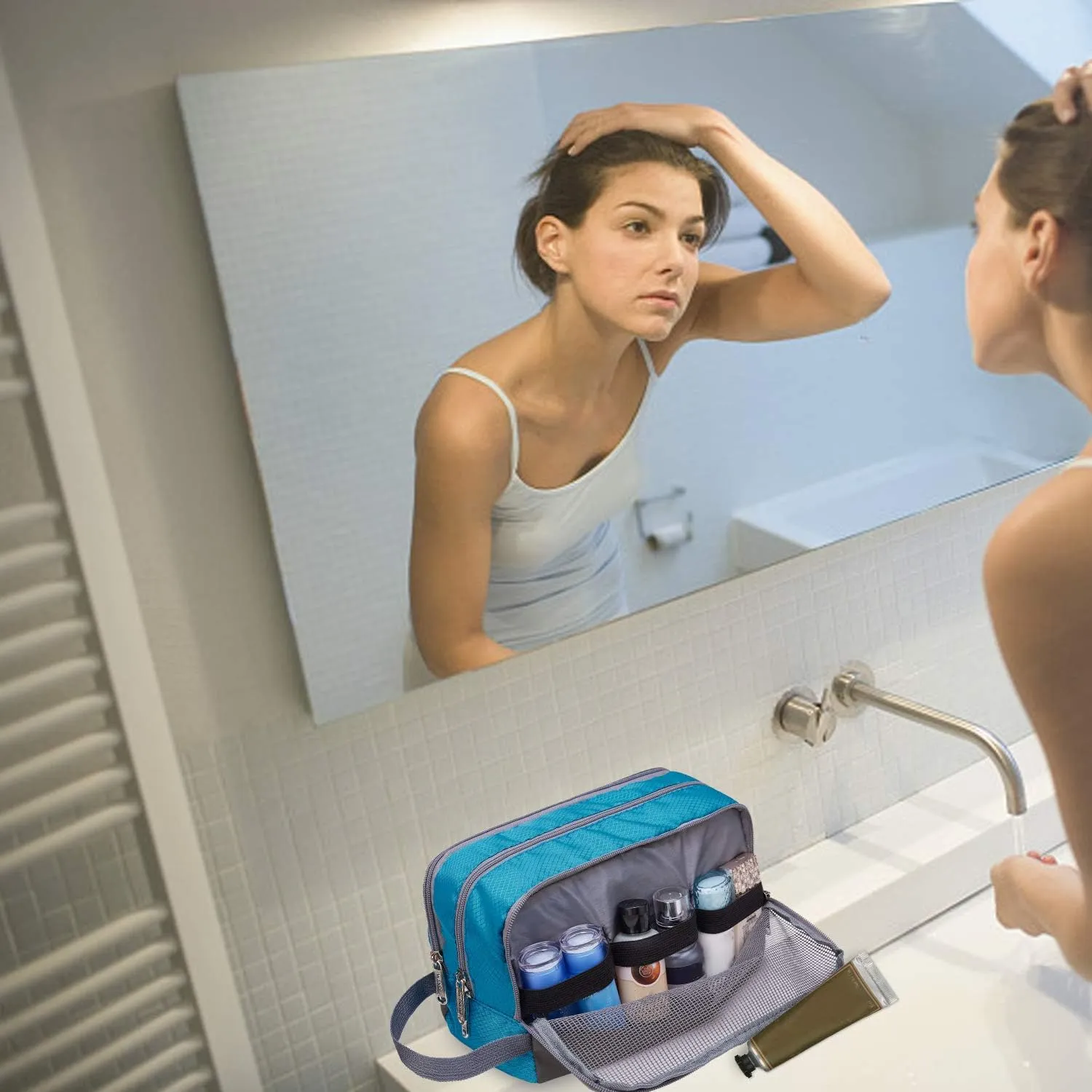 WANDF Borsa da toilette in nylon leggero per uomo e donna, celeste - immagine 6