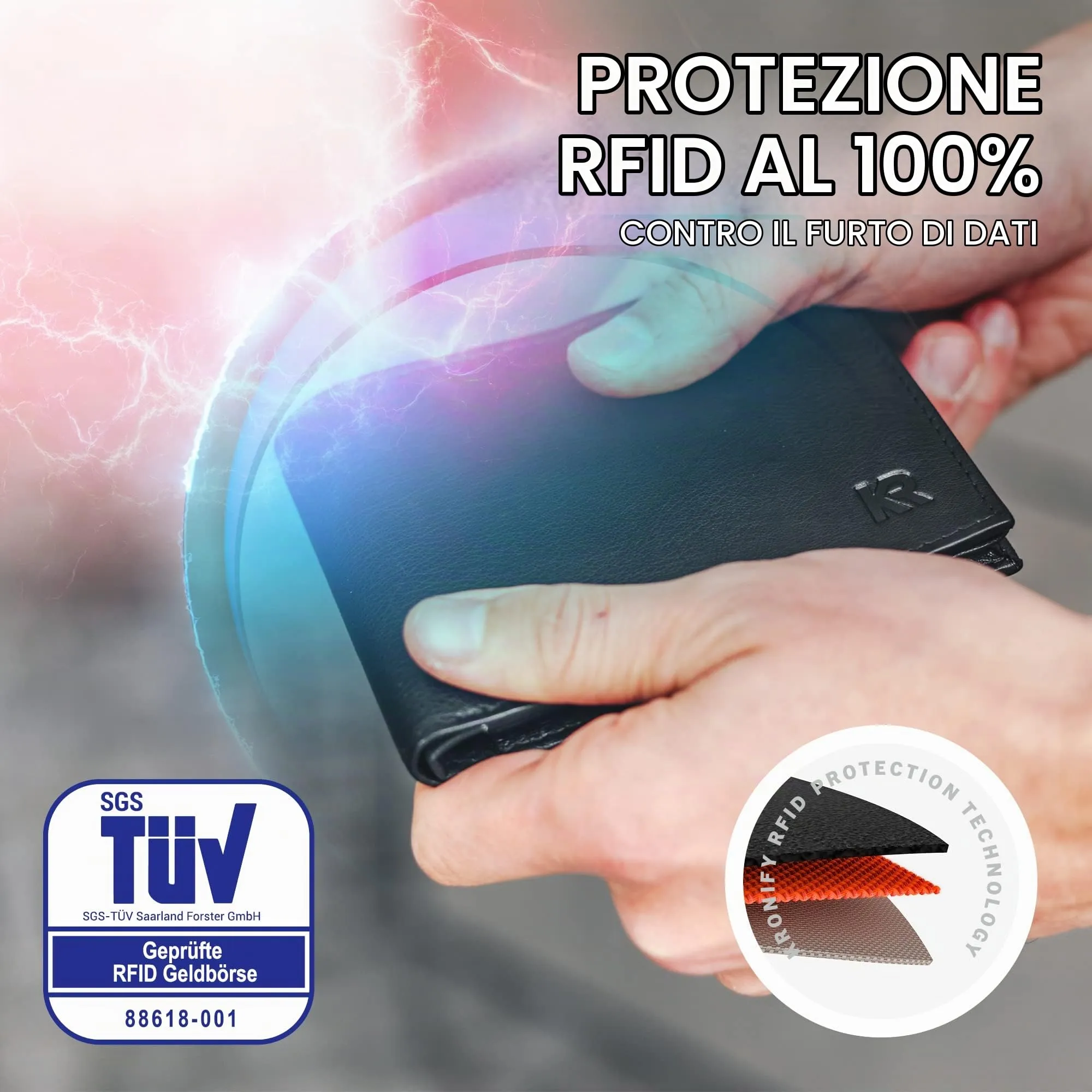 KRONIFY Portafoglio in Pelle da Uomo con Protezione RFID, 13 Scomparti per Carte - Nappa Black - immagine 3