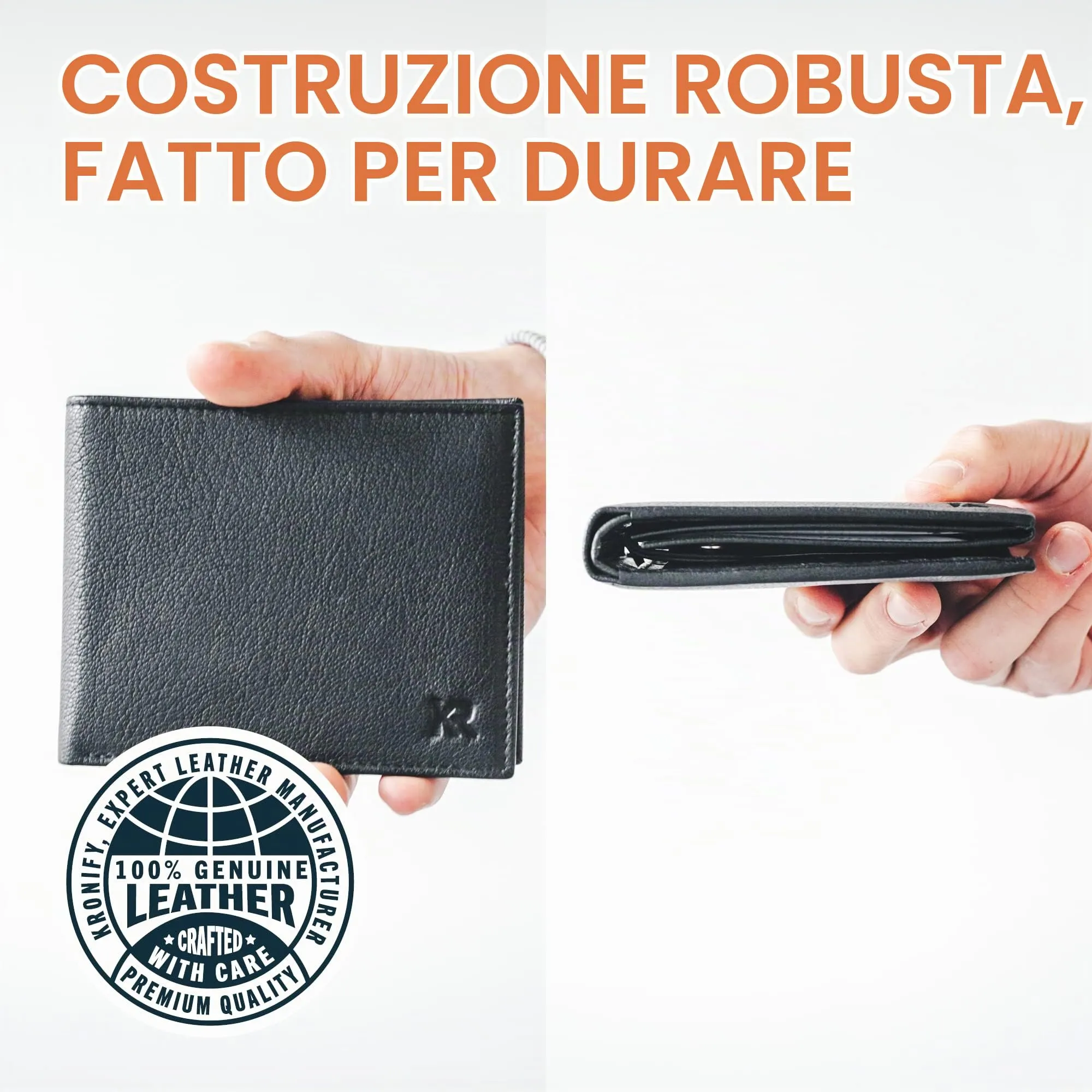 KRONIFY Portafoglio in Pelle da Uomo con Protezione RFID, 13 Scomparti per Carte - Nappa Black - immagine 4