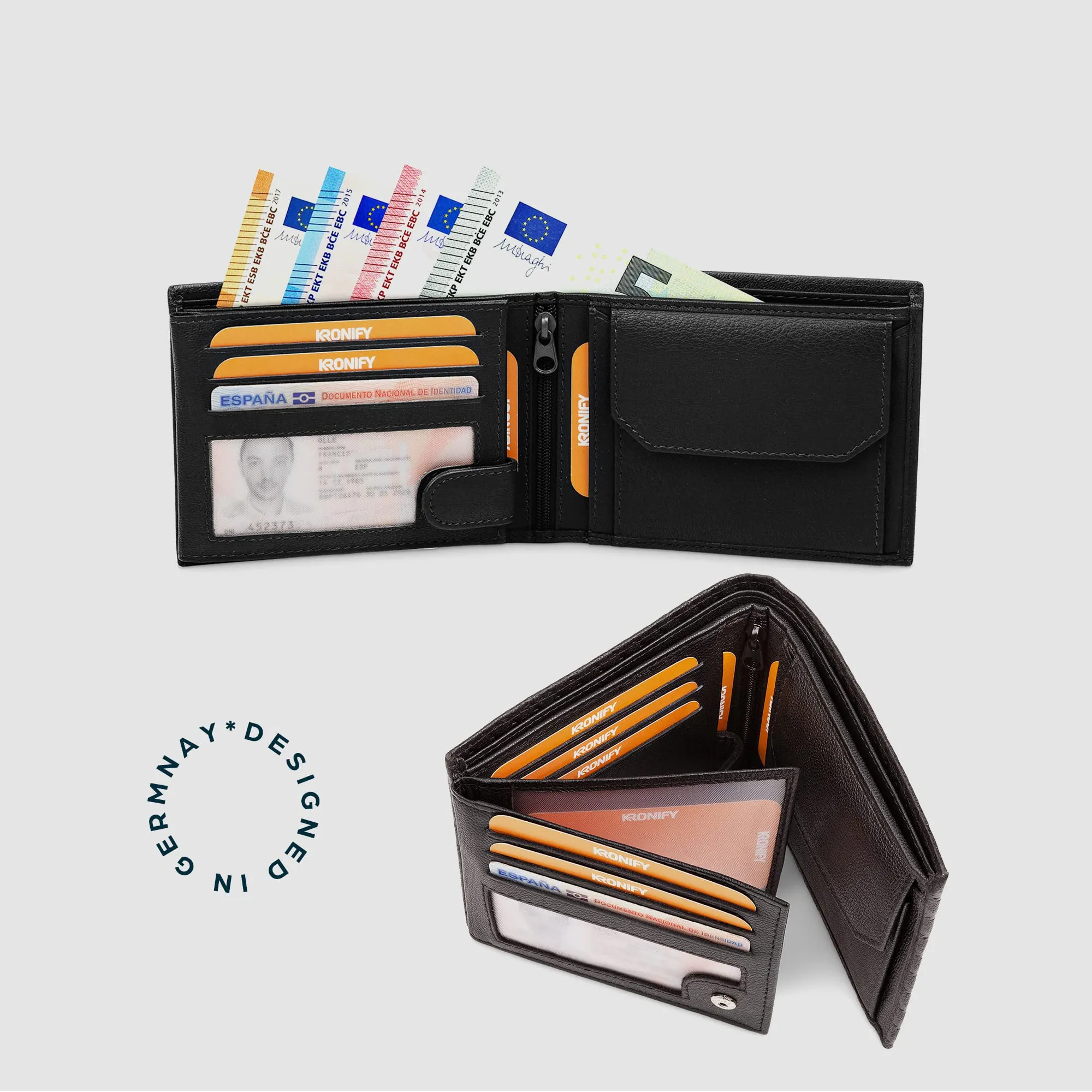 KRONIFY Portafoglio in Pelle da Uomo con Protezione RFID, 13 Scomparti per Carte - Nappa Black - immagine 9