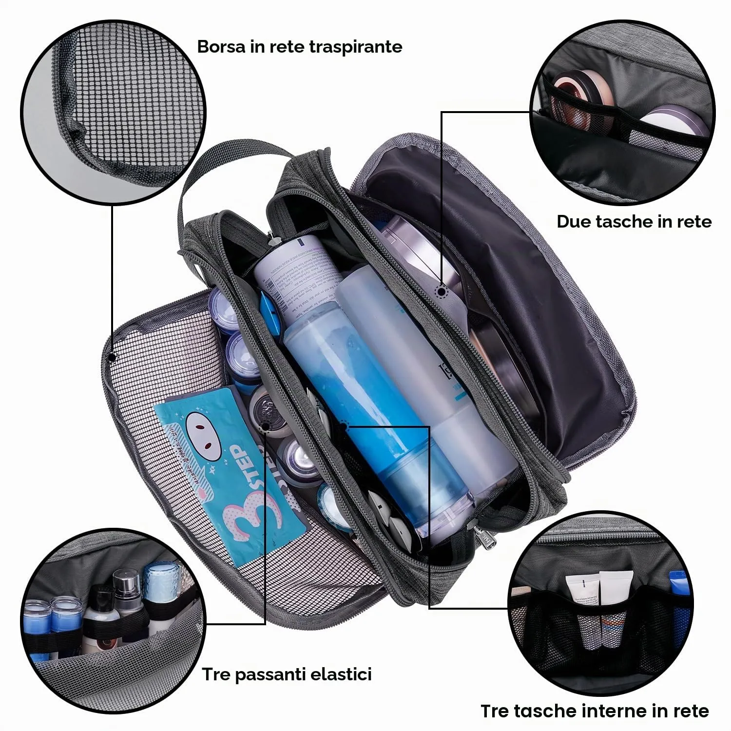 WANDF Borsa da toilette in Nylon Leggero, Grigio Denim - immagine 2