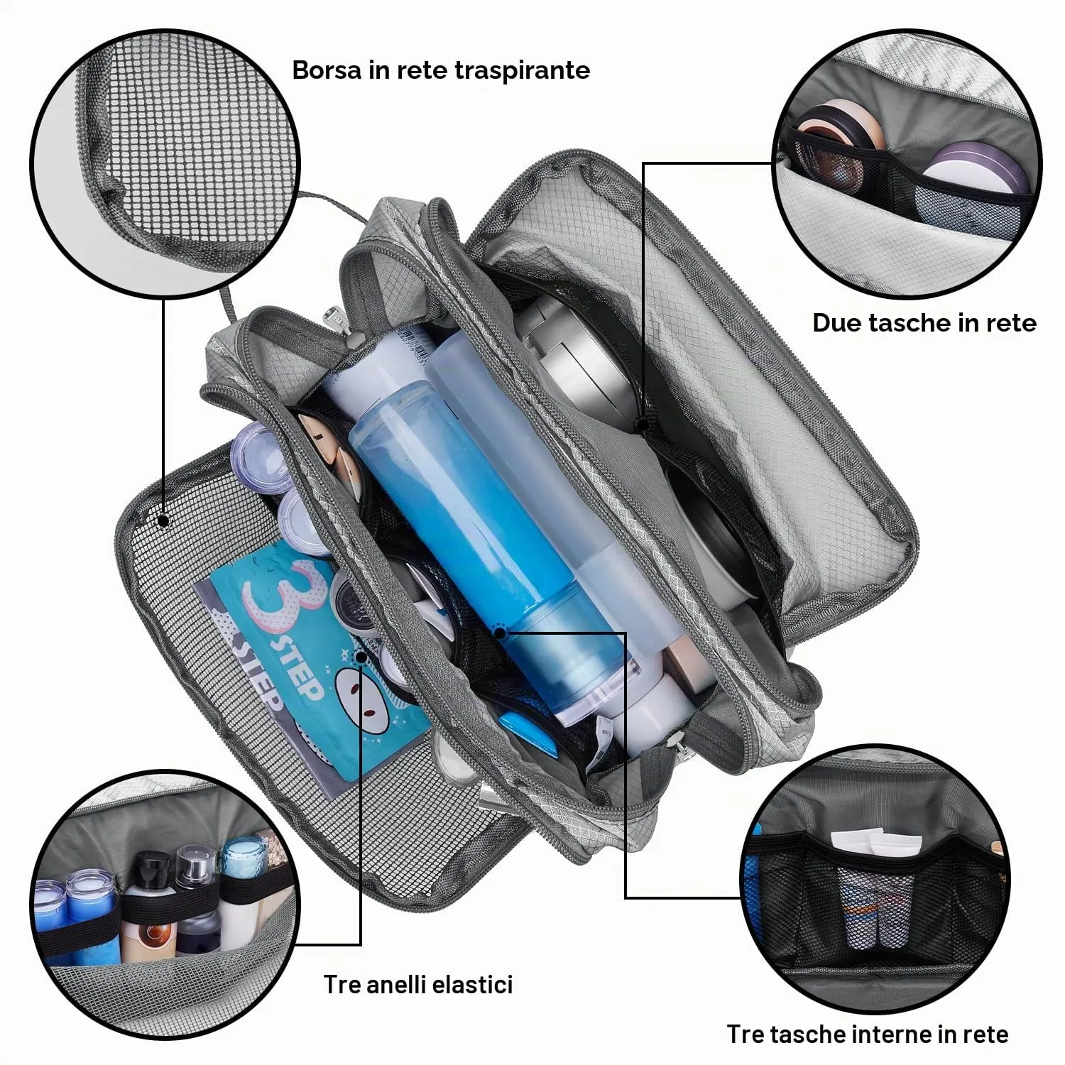 WANDF Borsa da toilette in nylon leggero per uomo e donna, Grigio - immagine 2