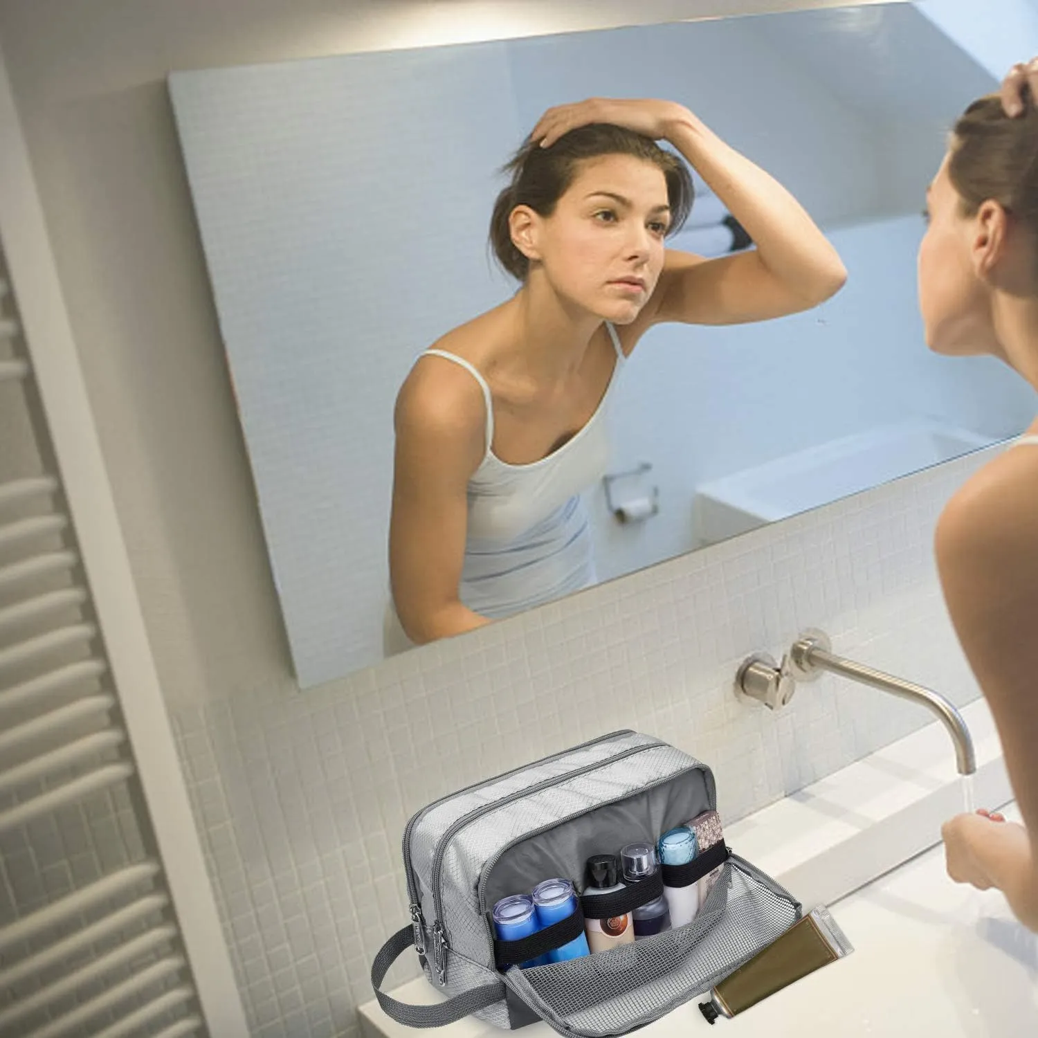 WANDF Borsa da toilette in nylon leggero per uomo e donna, Grigio - immagine 6