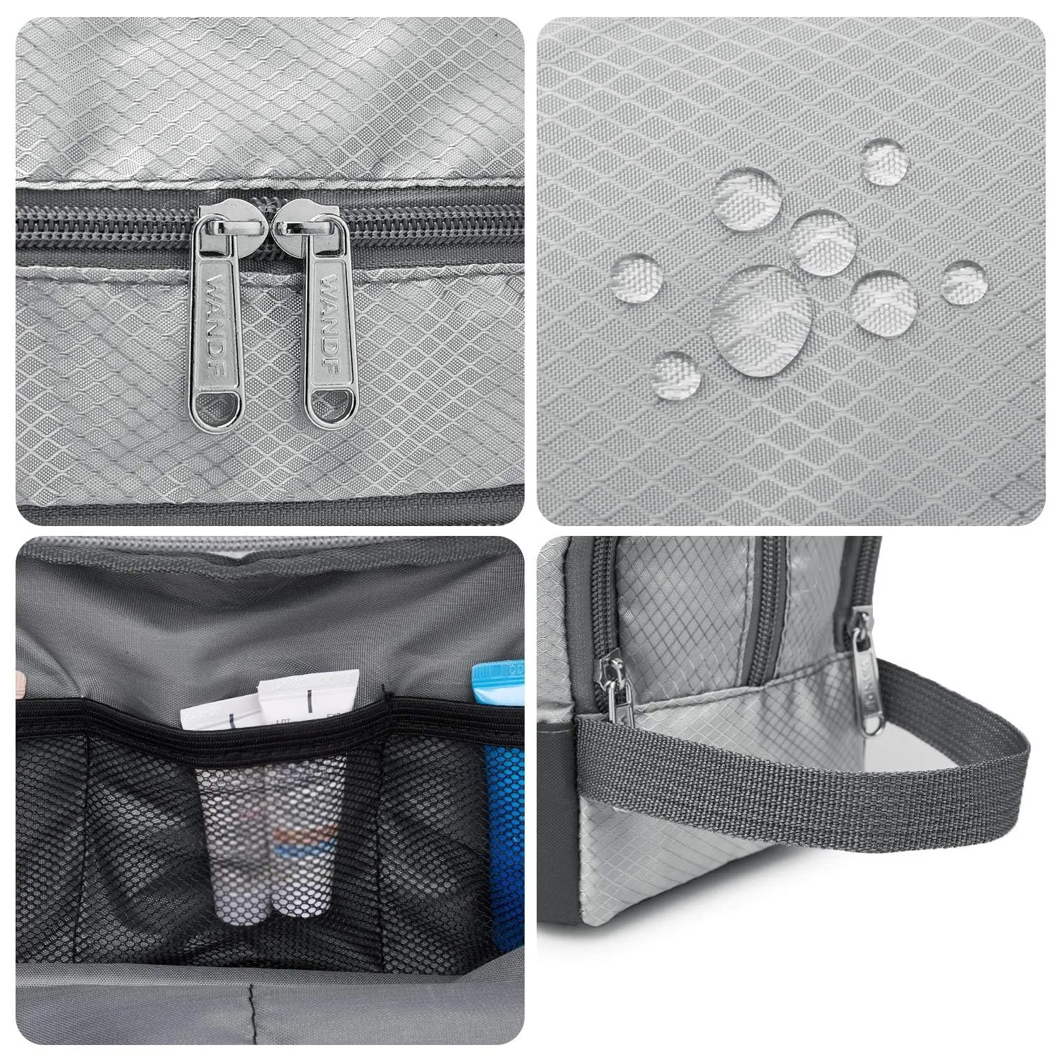 WANDF Borsa da toilette in nylon leggero per uomo e donna, Grigio - immagine 7