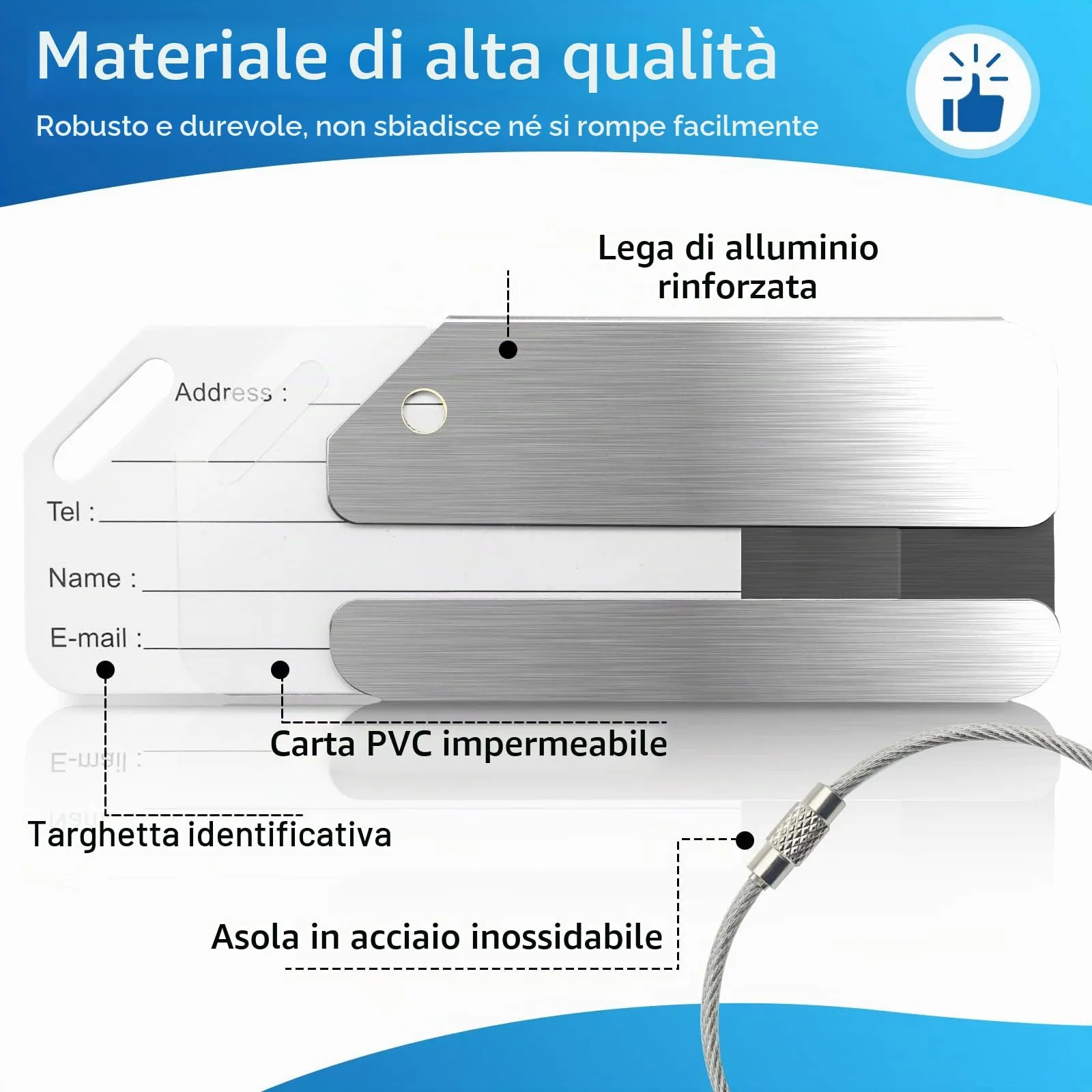 Wonwood_direct Etichette per Bagagli in Alluminio con Cinturino in Acciaio Inossidabile, 6 Pezzi, 8 cm x 4 cm - immagine 4