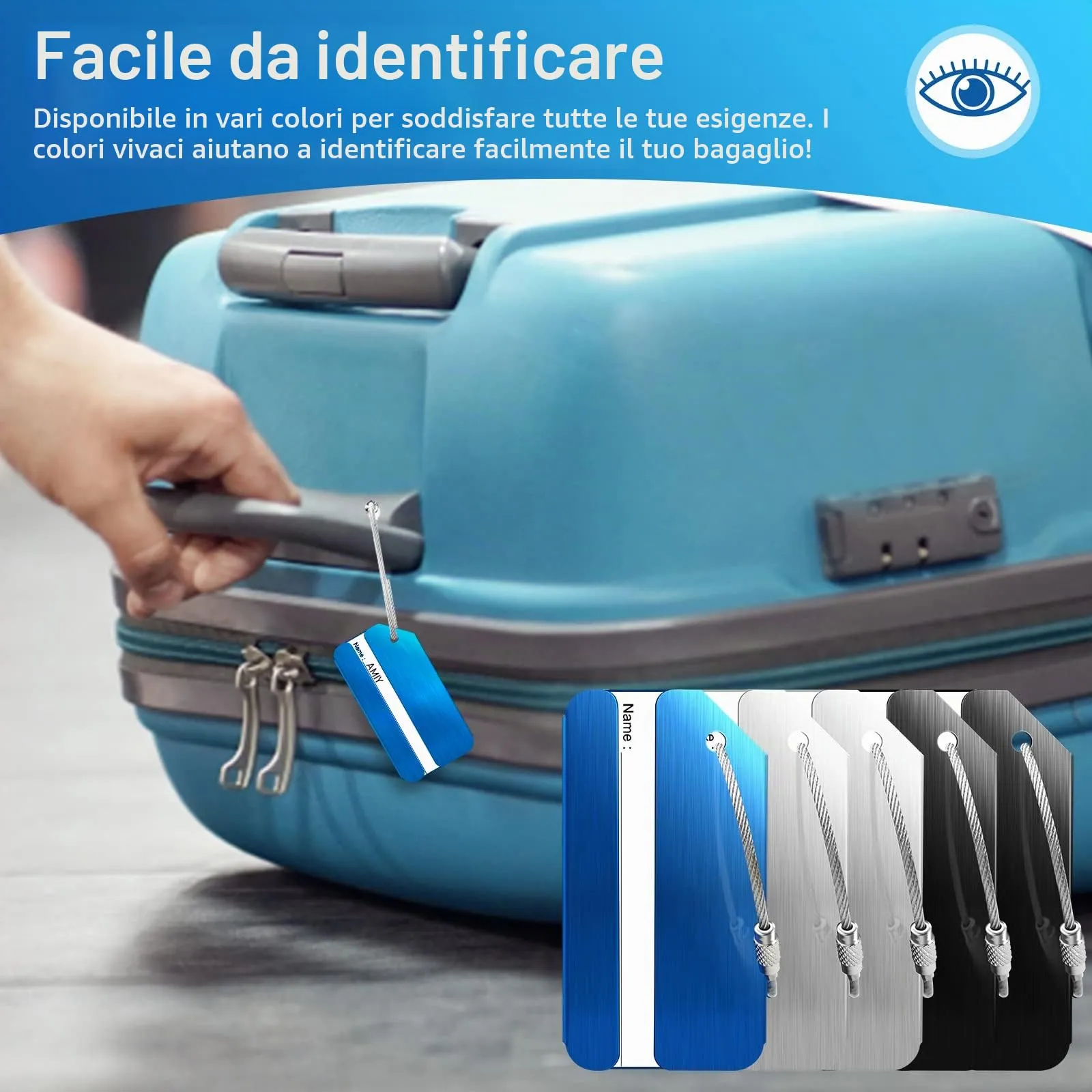 Wonwood_direct Etichette per Bagagli in Alluminio con Cinturino in Acciaio Inossidabile, 6 Pezzi, 8 cm x 4 cm - immagine 6